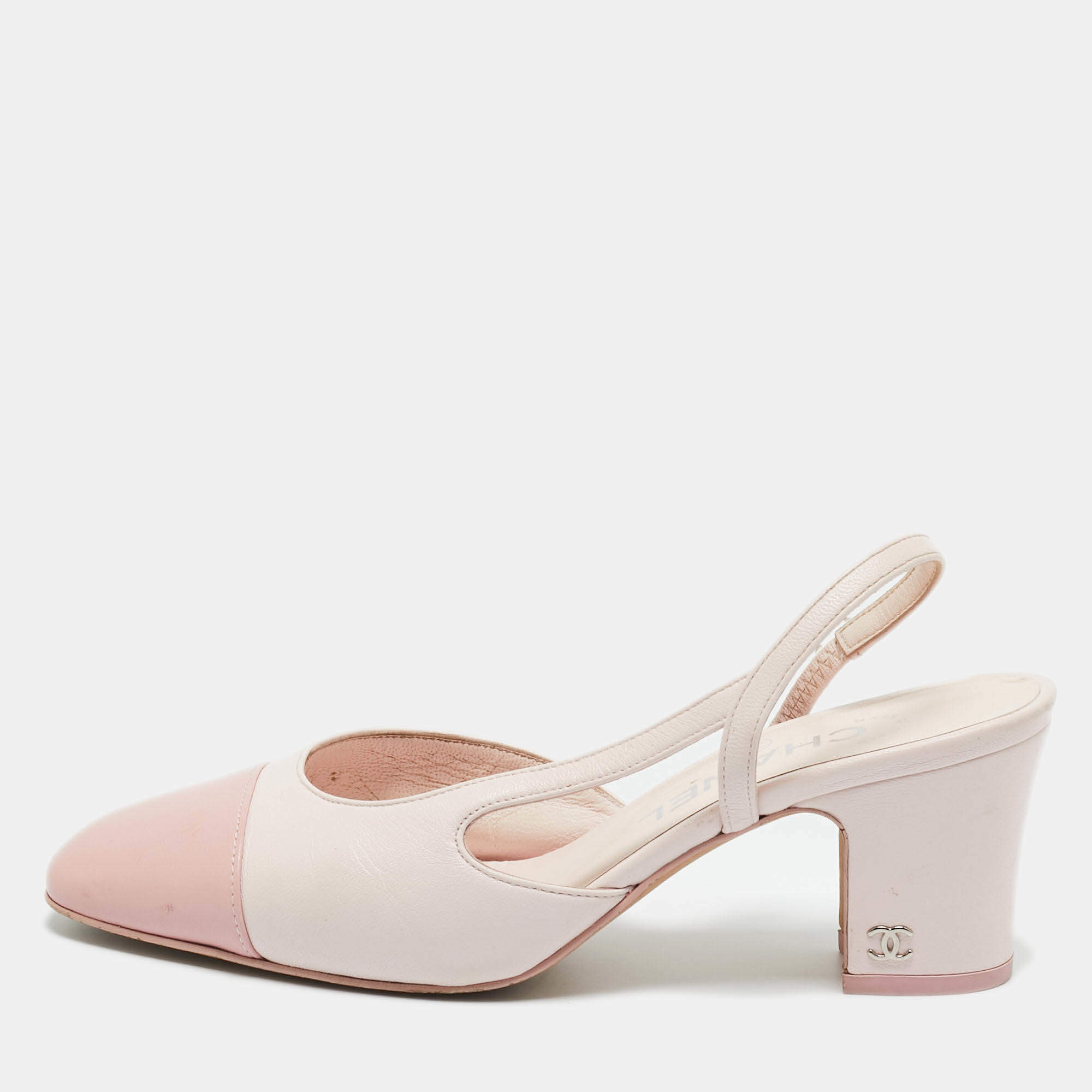 مملوكة مسبقًا Chanel Pink Leather CC Cap Toe Slingback Pumps Size 35.5