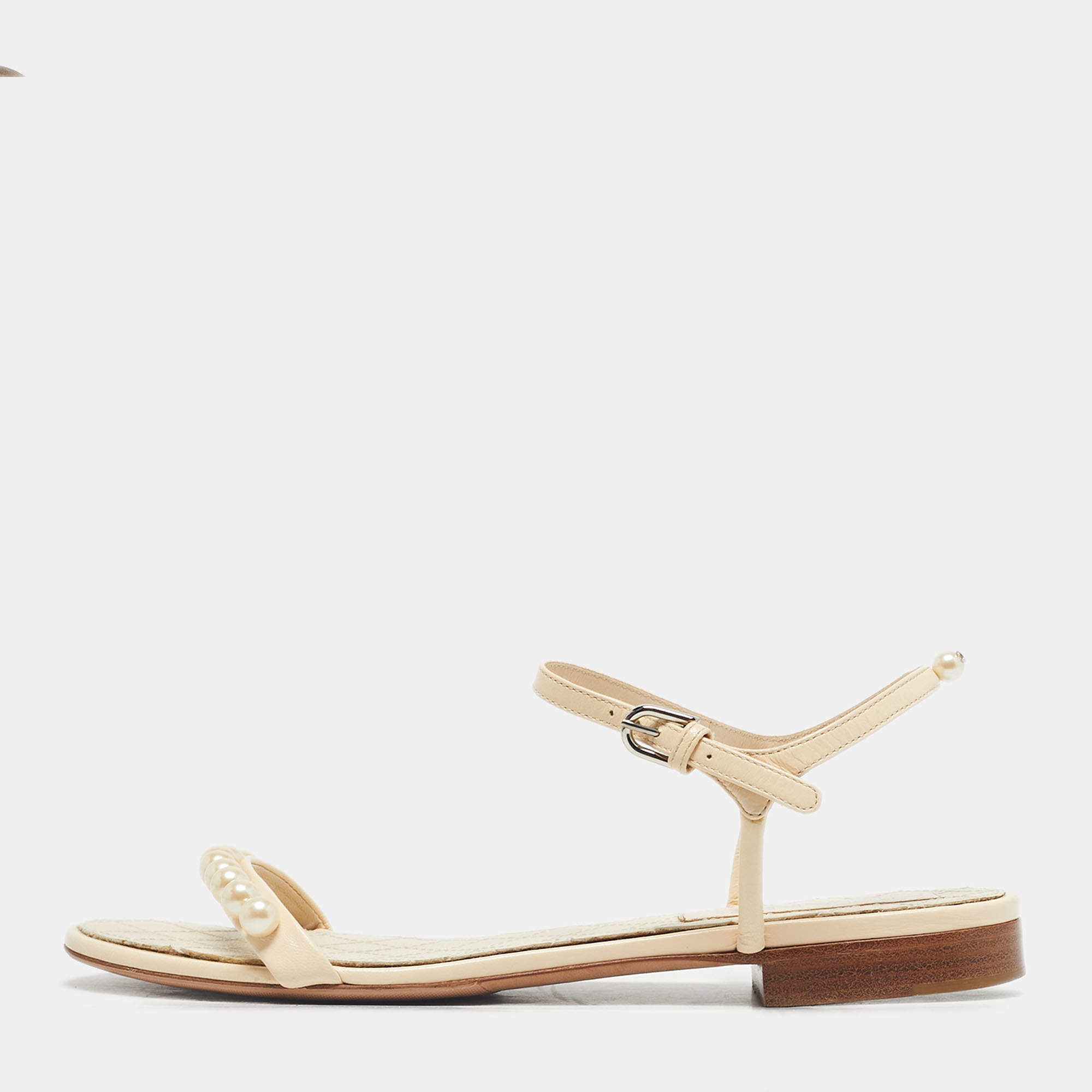 Pre Owned Chanel Cream Leather Pearl Embellish Ankle Strap Flat Sandals Size 37