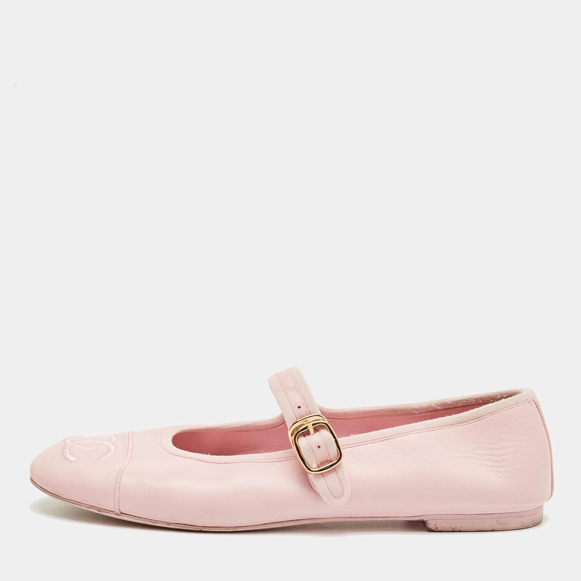 Pre Owned Chanel Pink Leather CC Cap Toe Mary Jane Ballet Flats Size 40