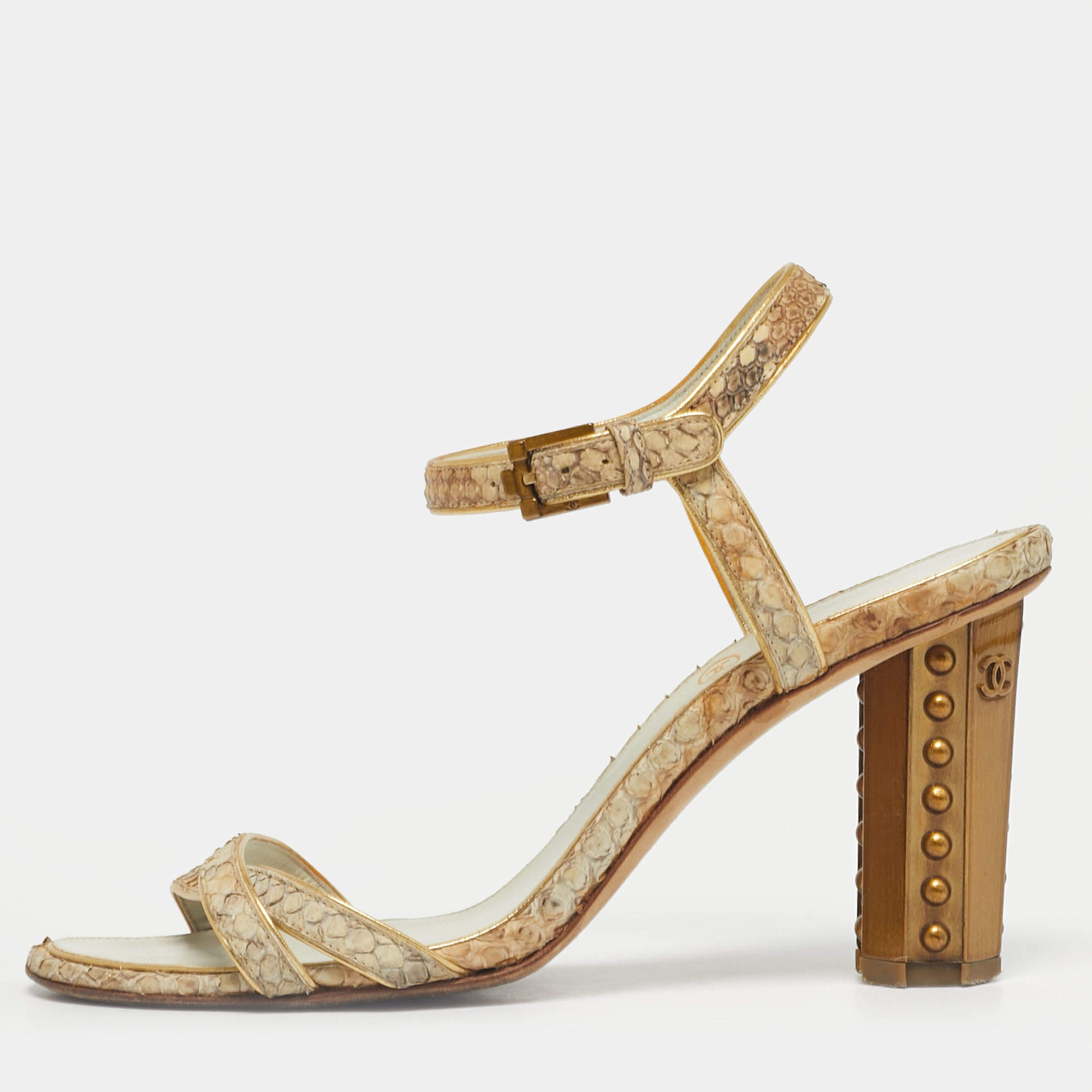 Pre Owned Chanel Beige Python Leather Ankle Strap Sandals Size 35.5