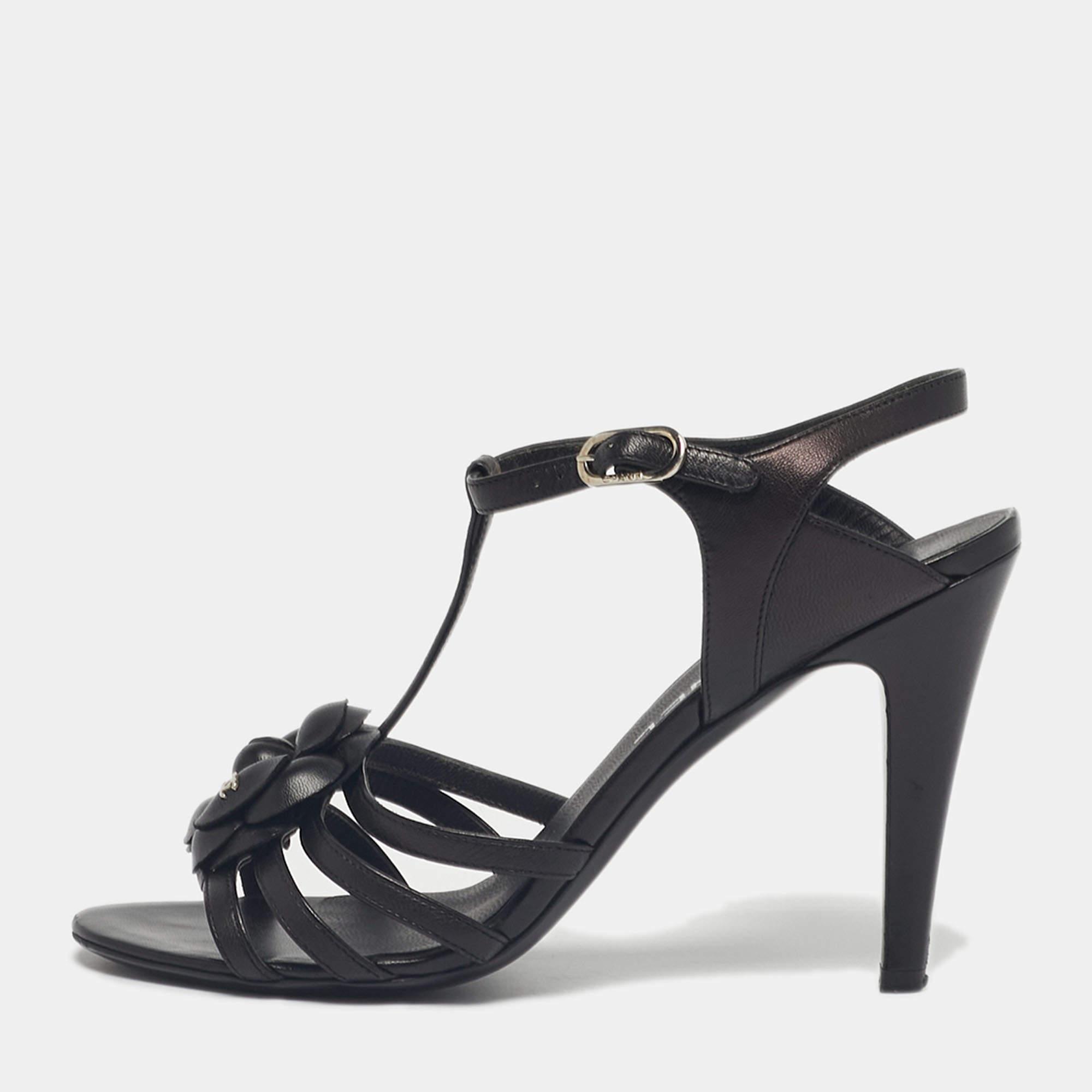 Pre Owned Chanel Black Leather Camellia Ankle Strap Sandals Size 37.5