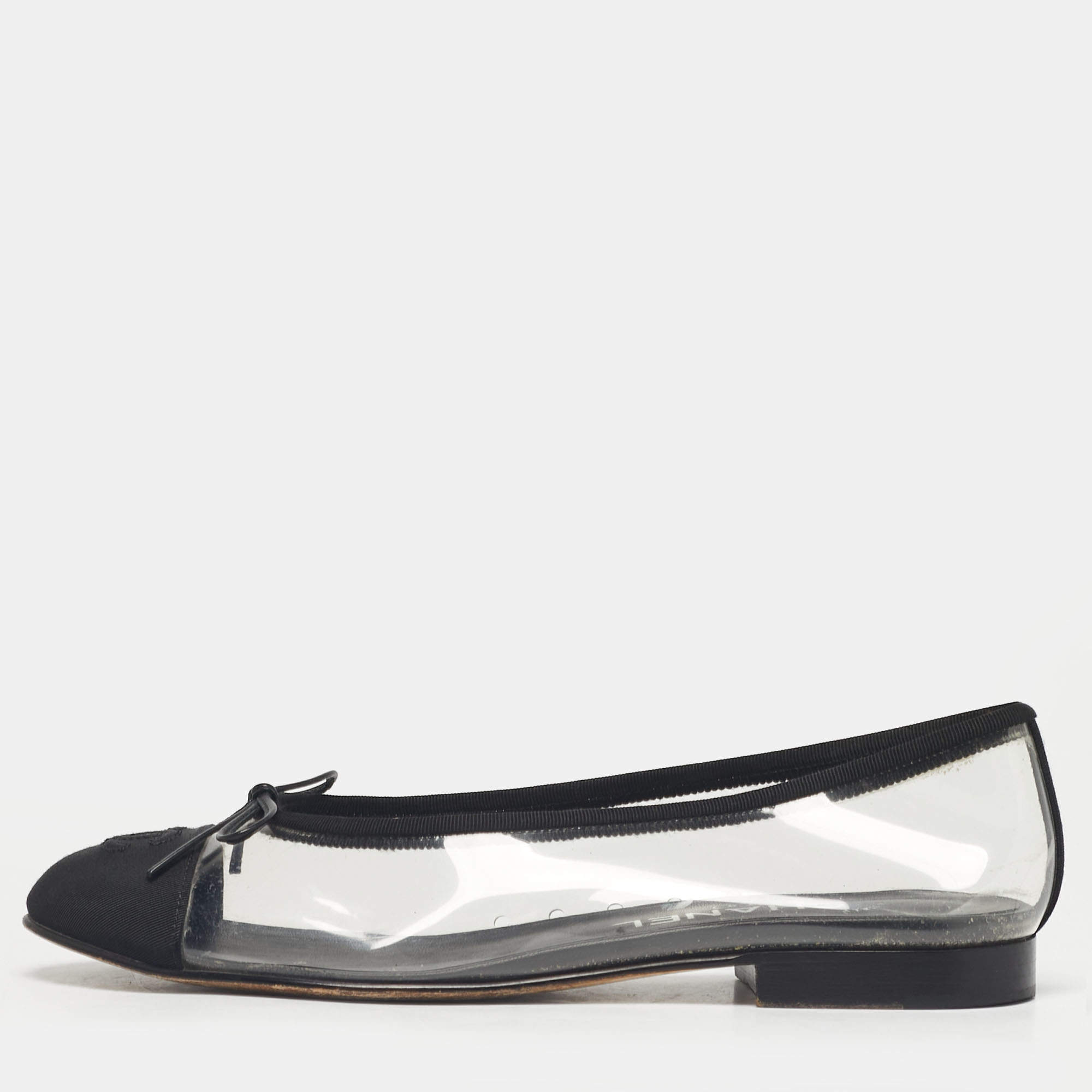 Pre Owned Chanel Black/Transparent PVC and Canvas CC Cap Toe Bow Ballet Flats Size 38
