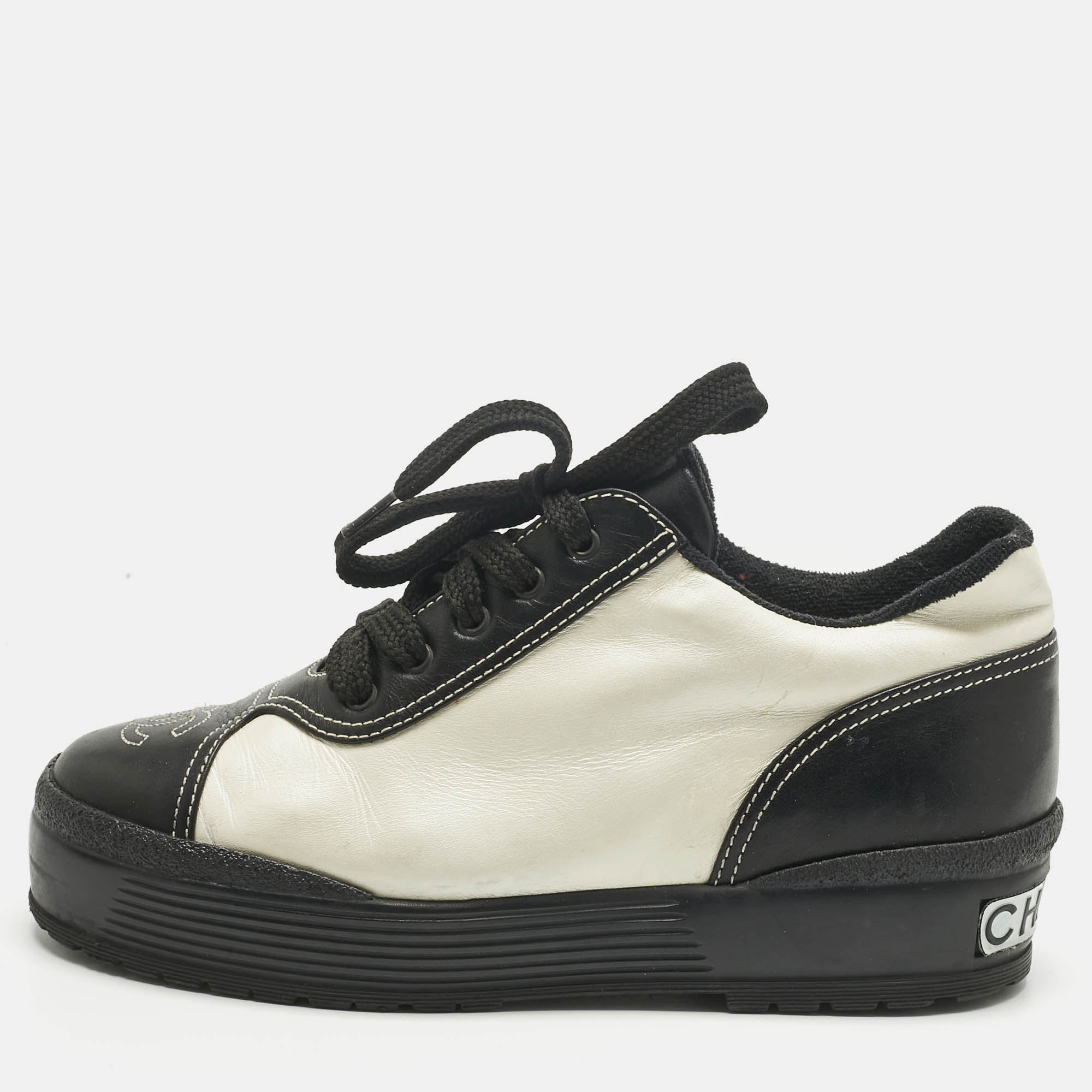 Pre Owned Chanel Black Leather CC Platform Sneakers Size 36
