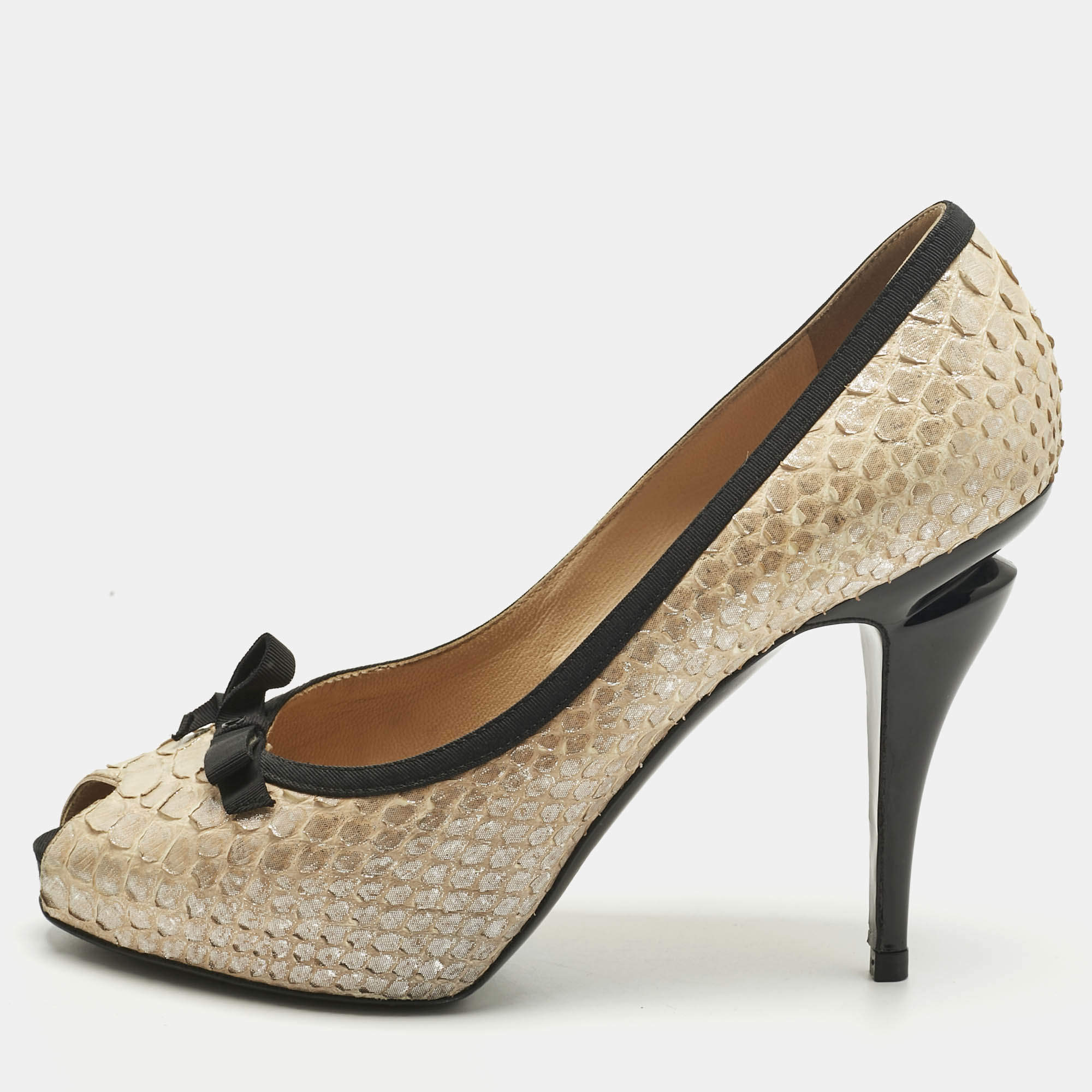 Pre Owned Chanel Metallic Black/Beige Python Leather Peep Toe Pumps Size 40
