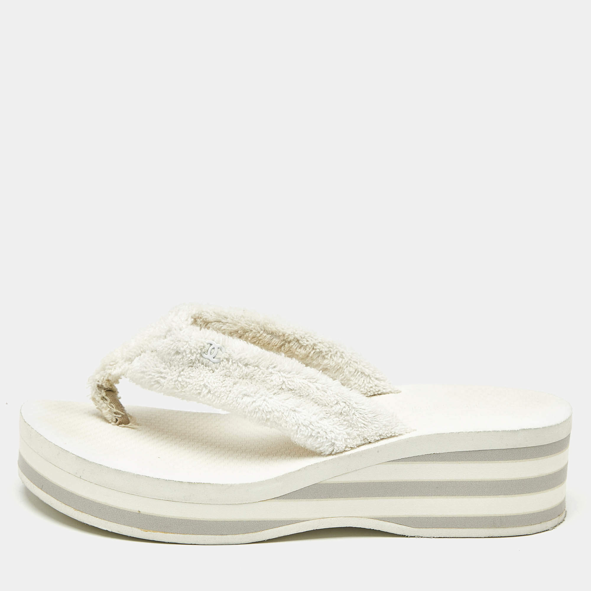 Pre Owned Chanel White Fabric Thong Wedge Sandals Size 37