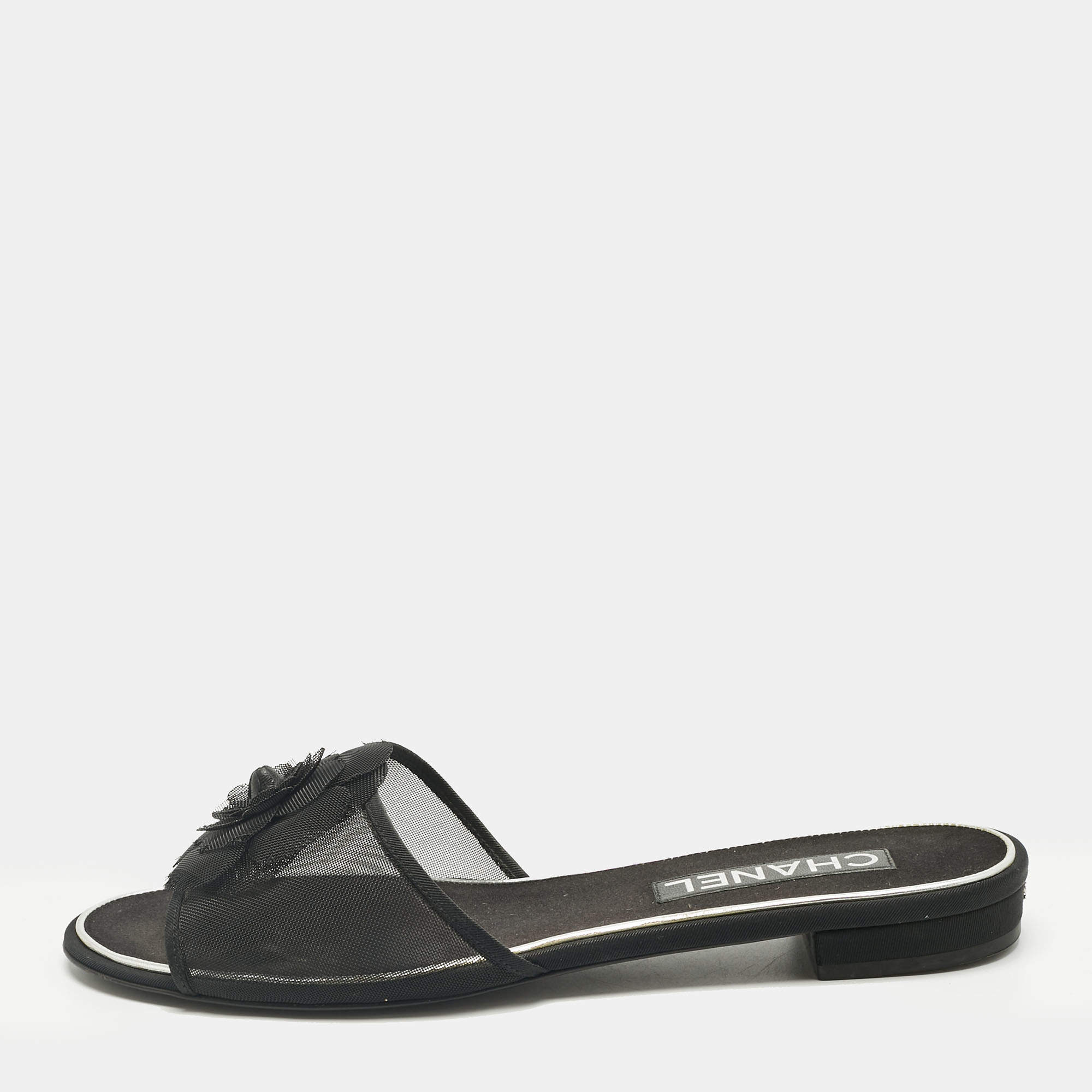 Pre Owned Chanel Black Mesh Flower Embellished Flat Slides Size 40