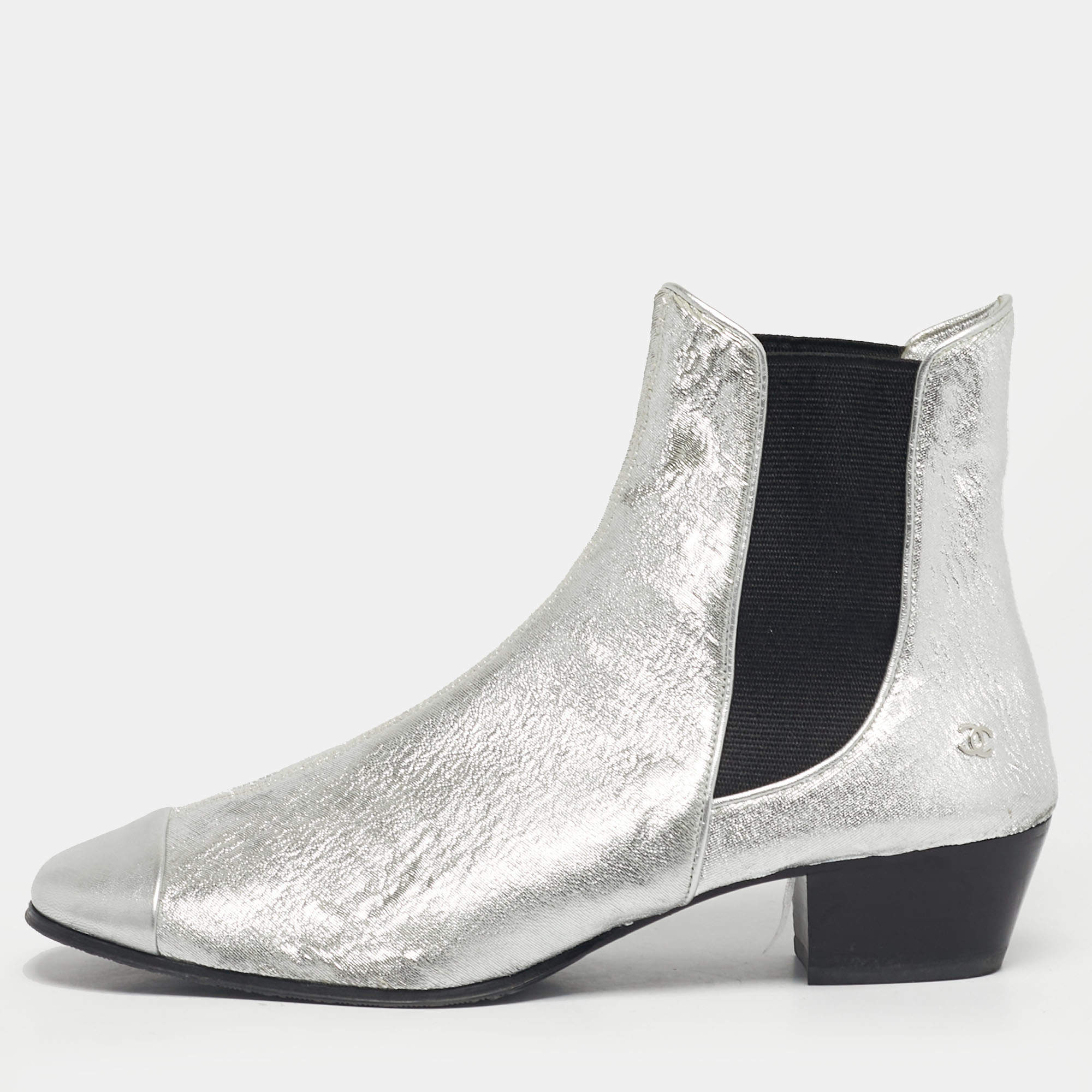 Pre Owned Chanel Silver/Black Leather Ankle Length Boots Size 40