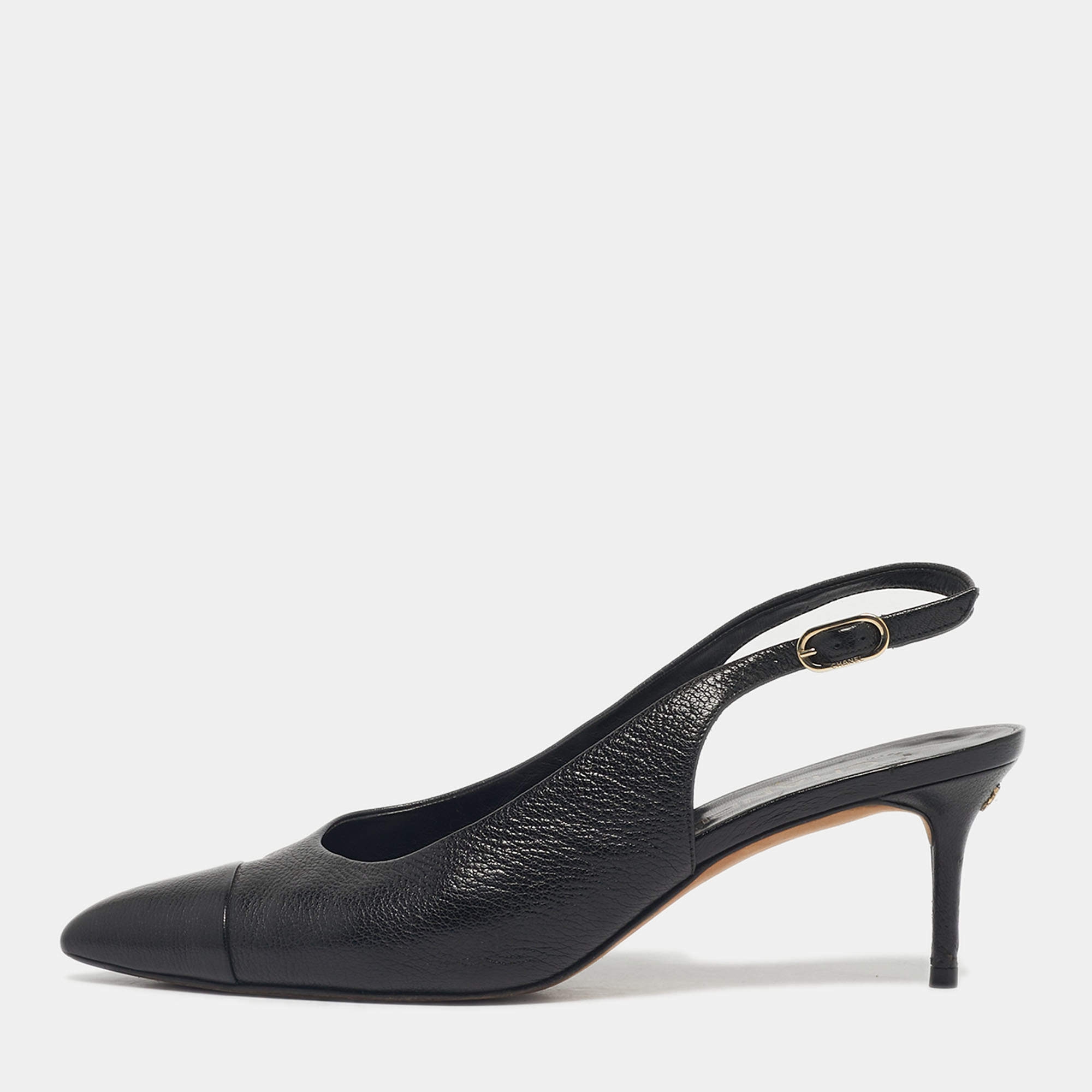 Pre Owned Chanel Black Leather CC Cap toe Slingback Pumps Size 40.5
