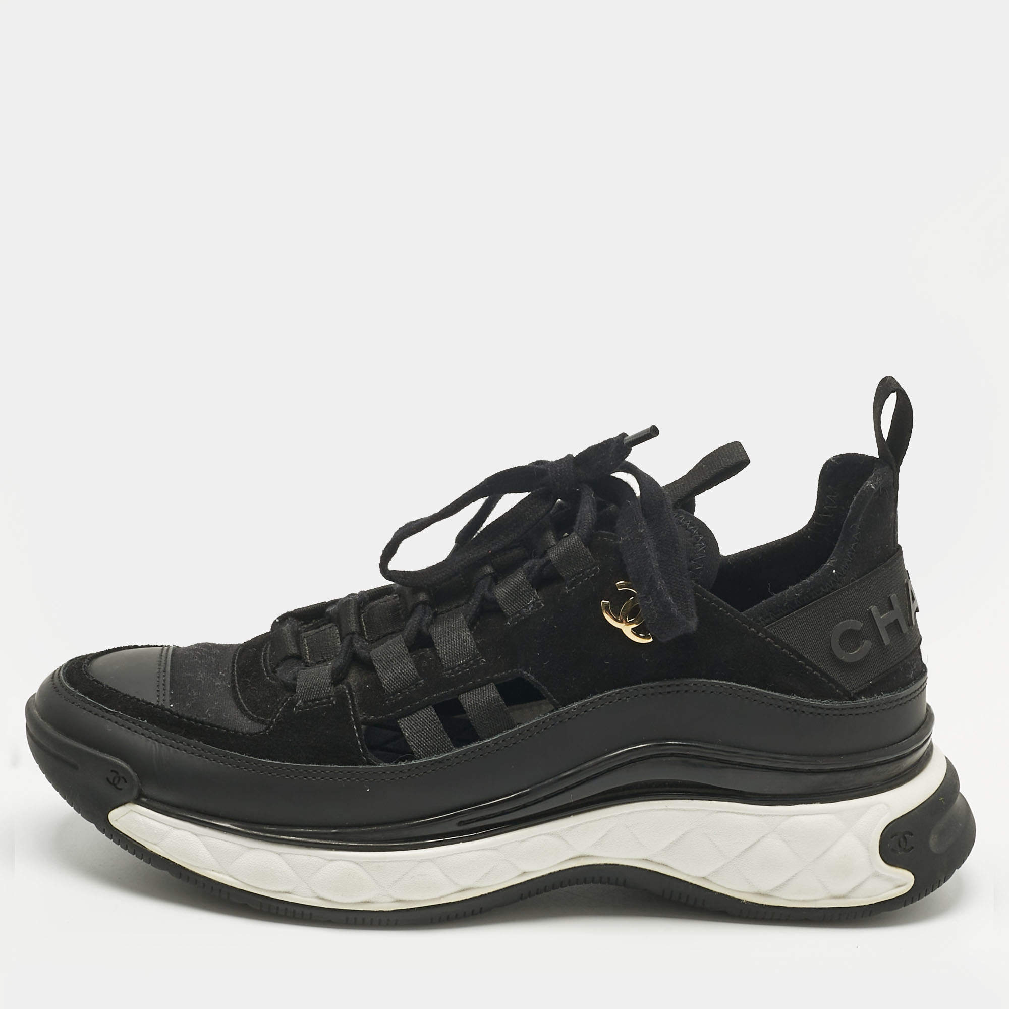 Pre Owned Chanel Black Neoprene and Suede CC Low Top Sneakers Size 39