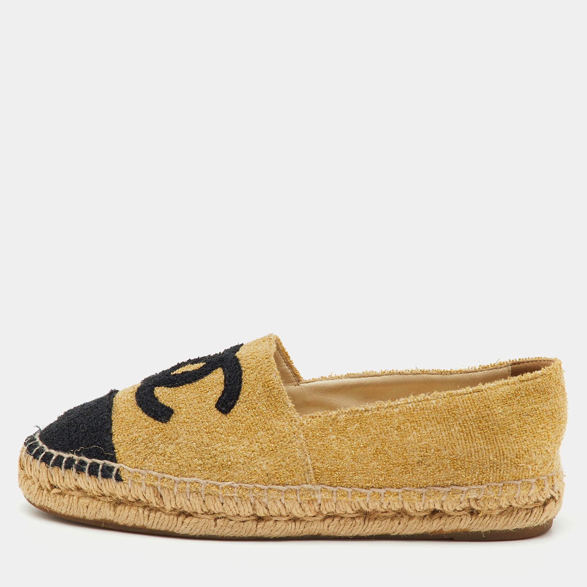 Pre Owned Chanel Metallic Gold/Black Tweed CC Espadrille Flats Size 37