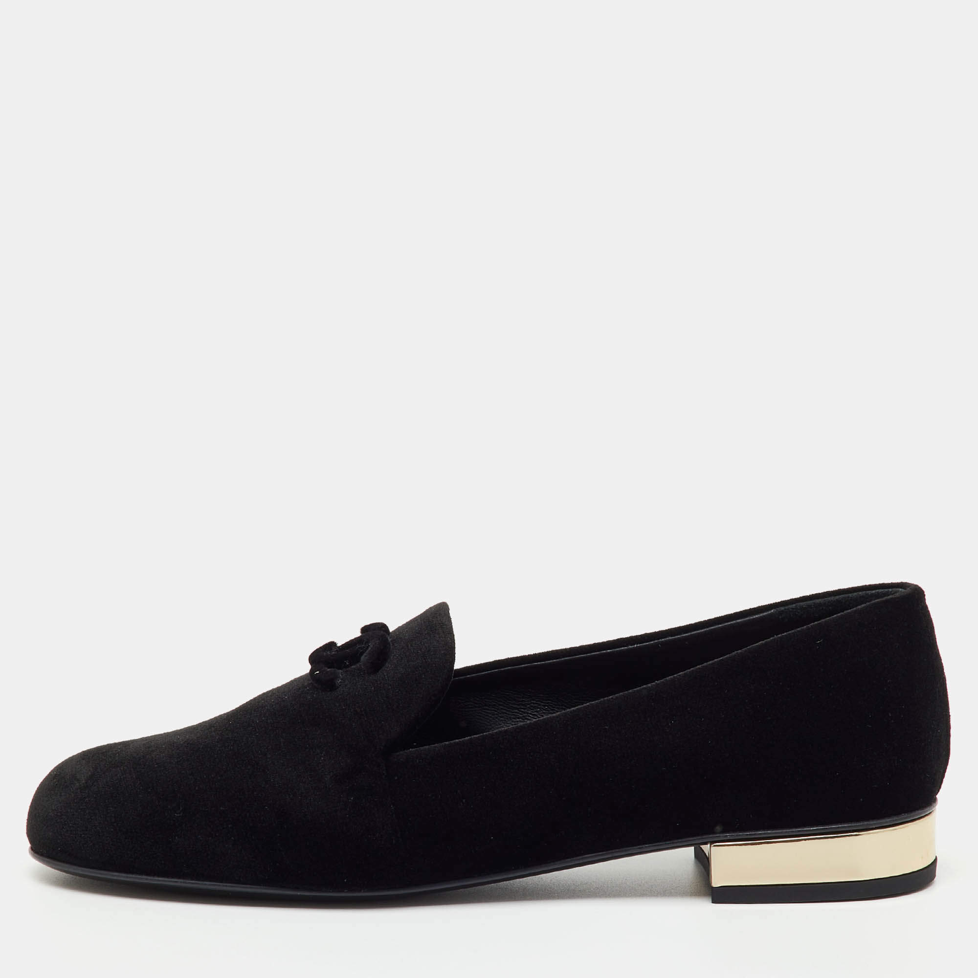 Pre Owned Chanel Black Velvet CC Smoking Slippers Size 38