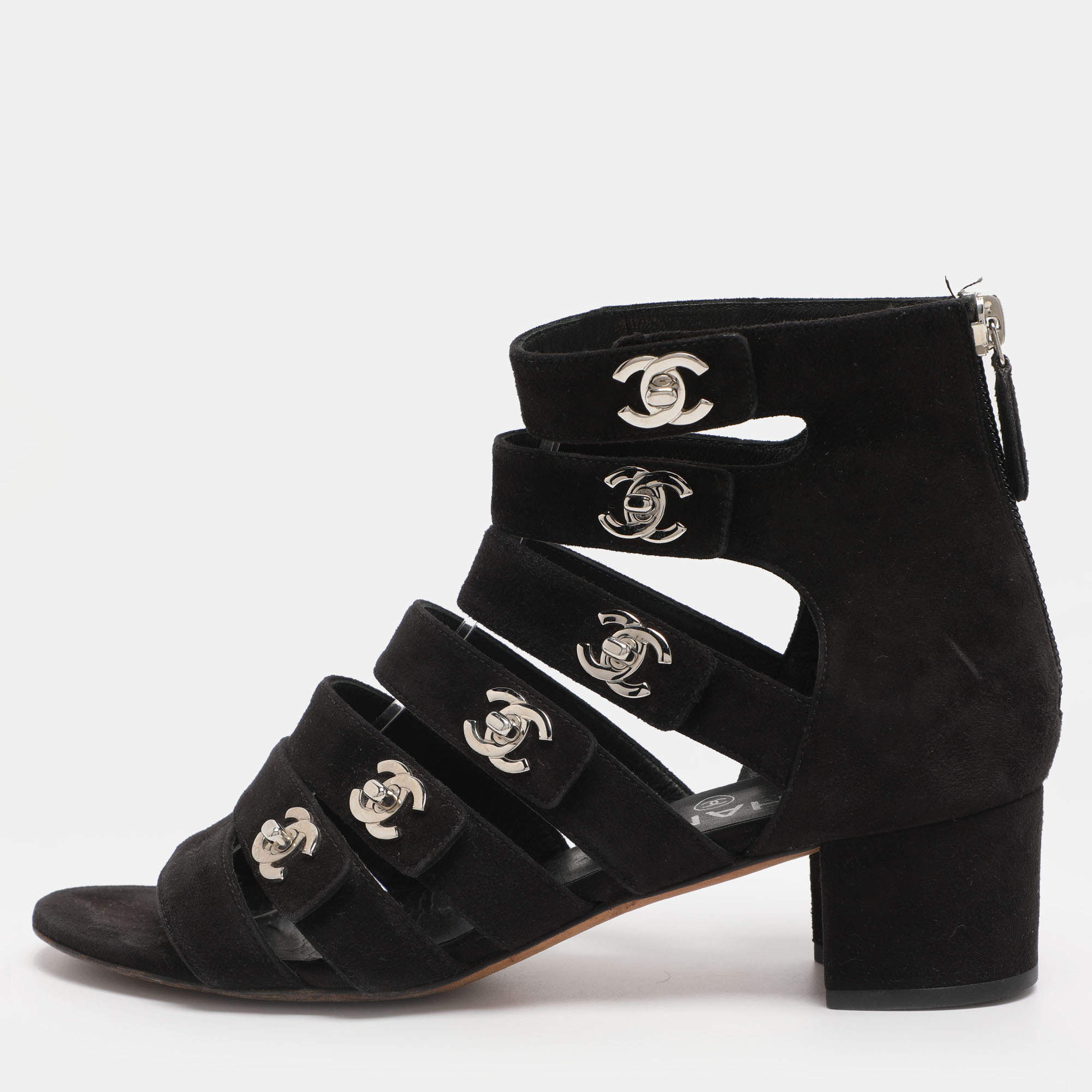 Pre Owned Chanel Black Suede CC Gladiator Sandals Size 36
