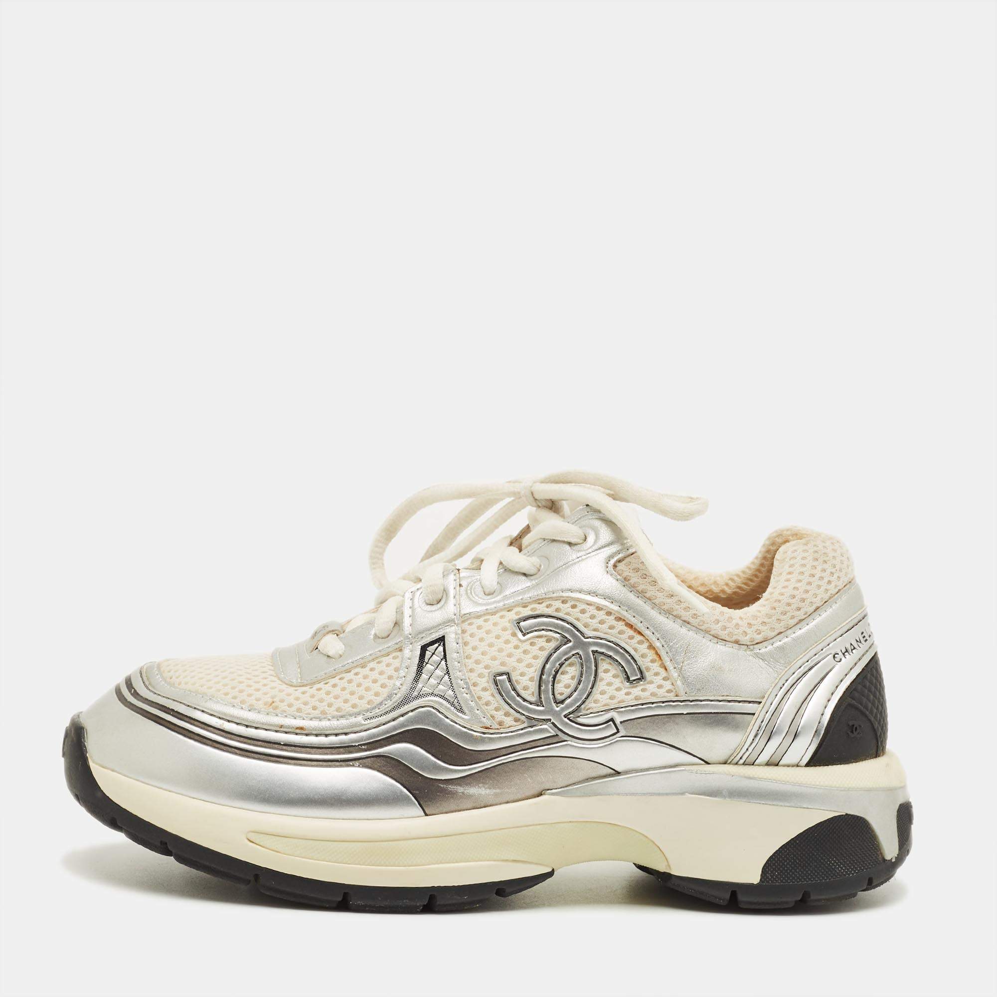 Pre Owned Chanel Tricolor Leather and Mesh CC Lace Up Sneakers Size 36