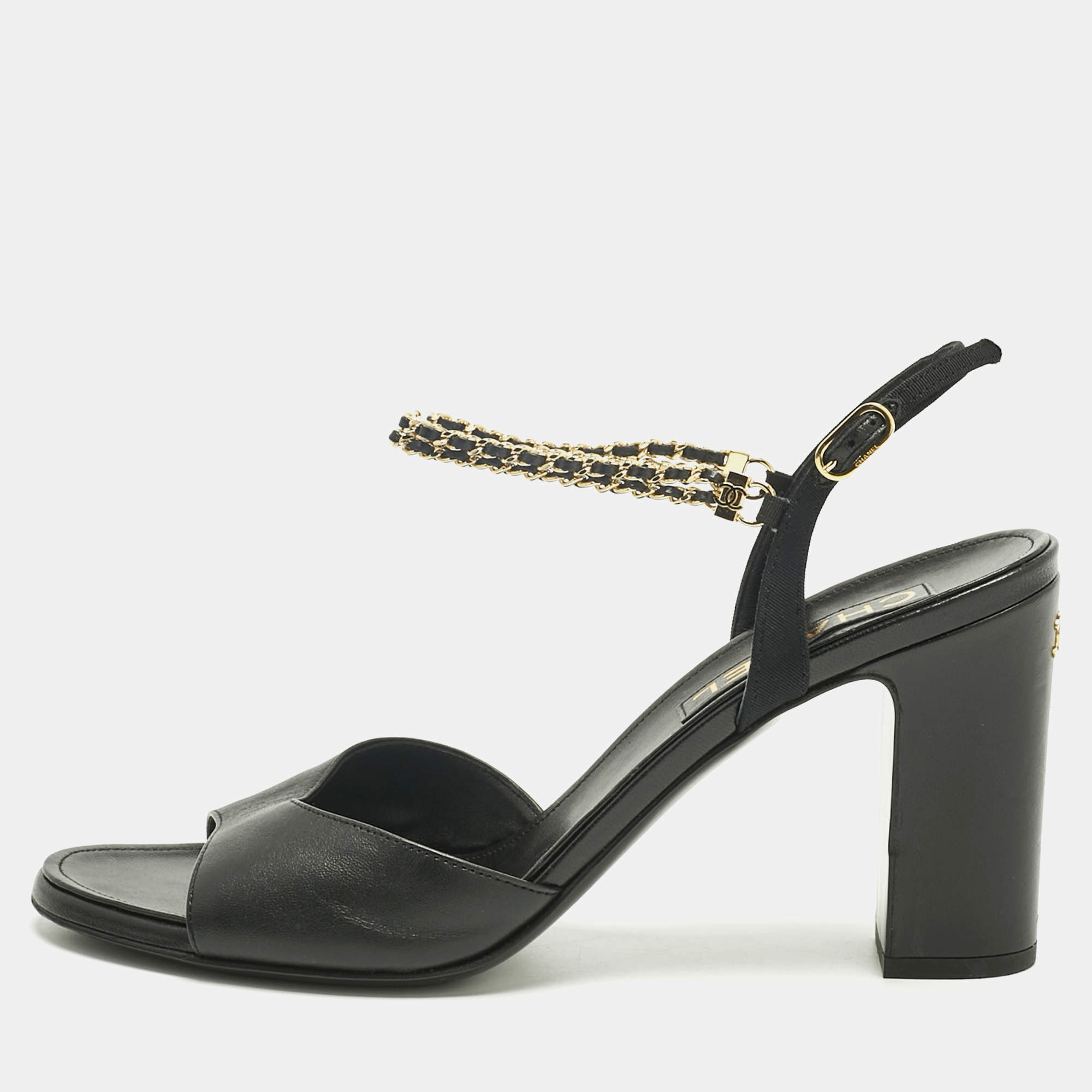 Pre Owned Chanel Black Leather Chain Ankle Strap Sandals Size 39.5