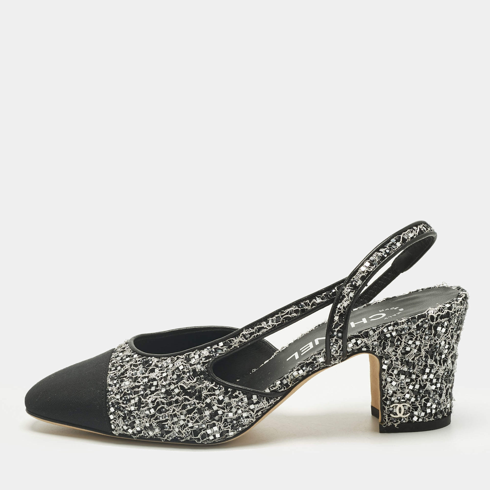 Pre Owned Chanel Black Canvas and Tweed CC Cap Toe Slingback Pumps Size 36