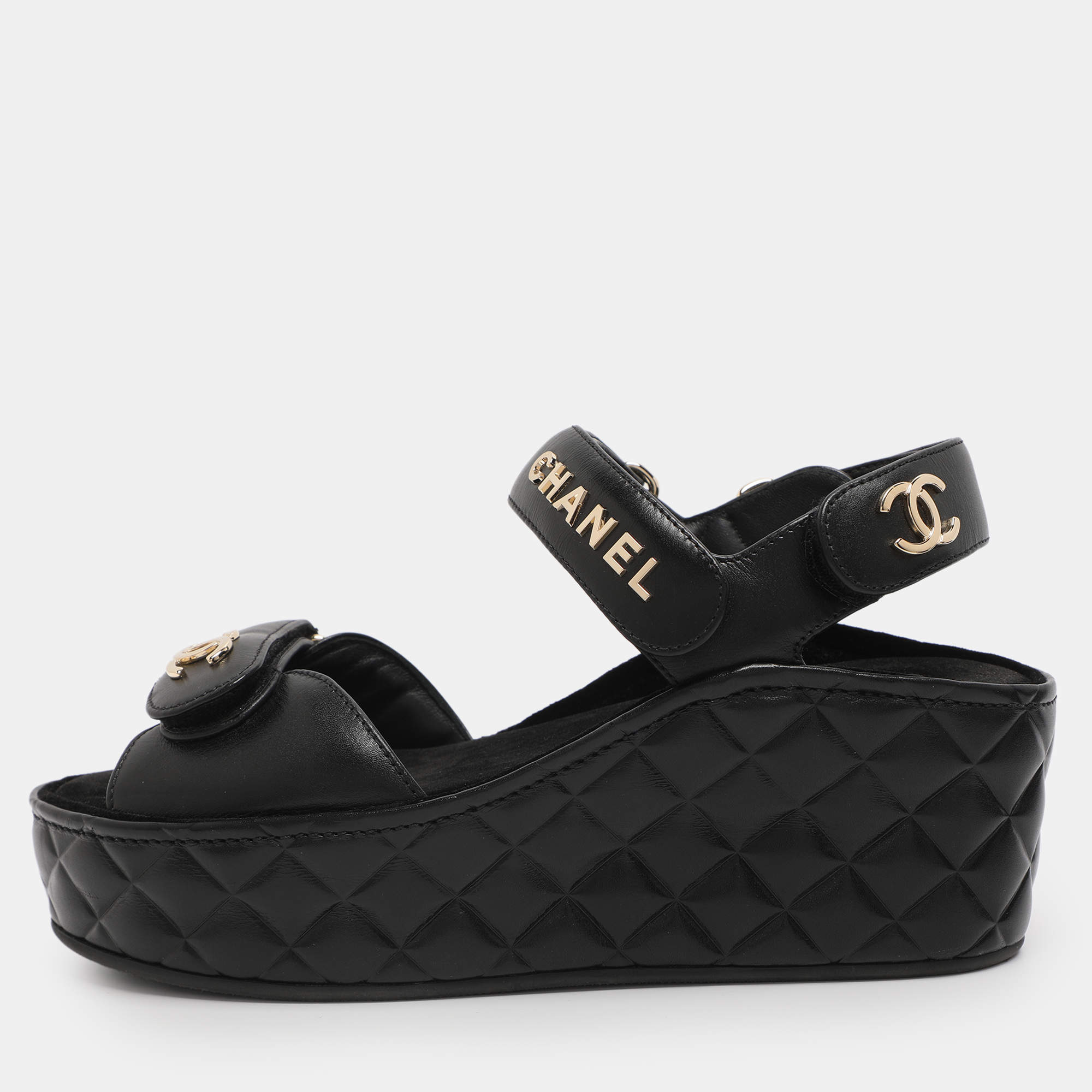 Pre Owned Chanel Black Leather CC Wedge Platform Sandals Size 36