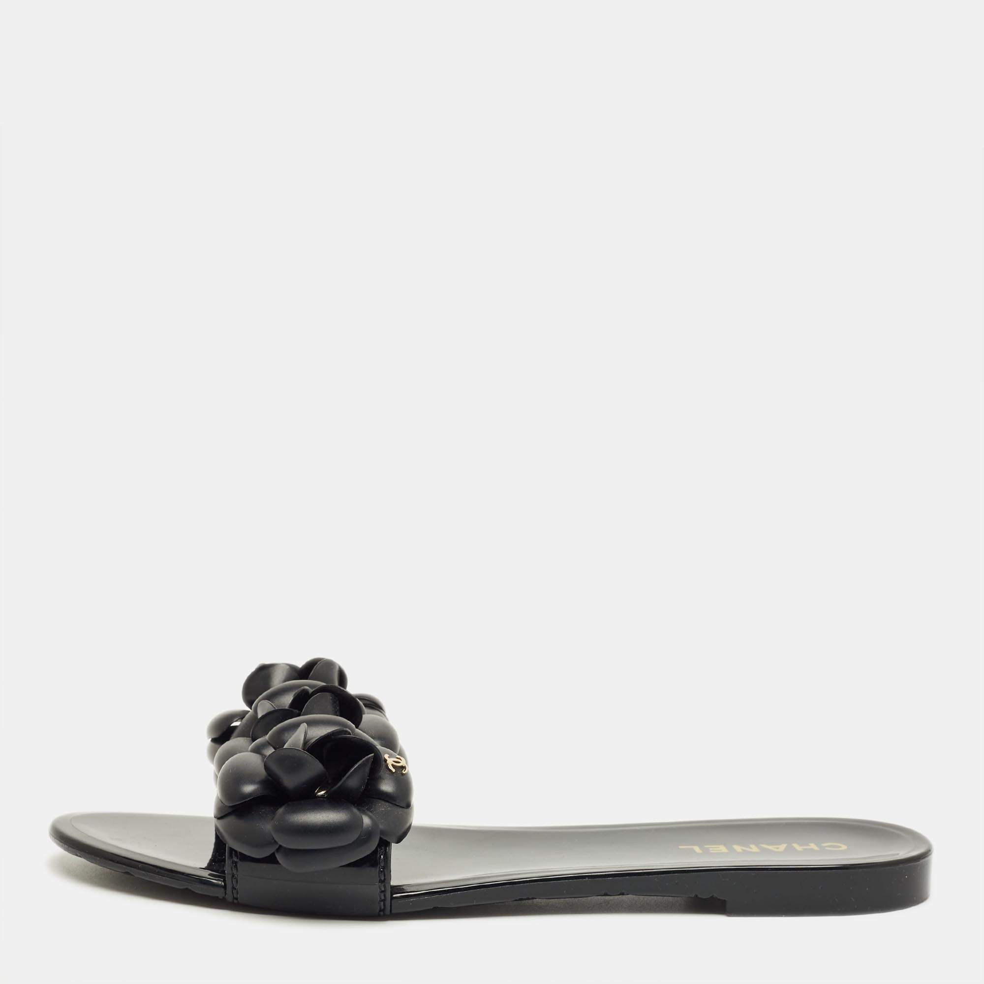 Pre Owned Chanel Black Jelly Flower Embellished Camellia Flat Slides Size 39