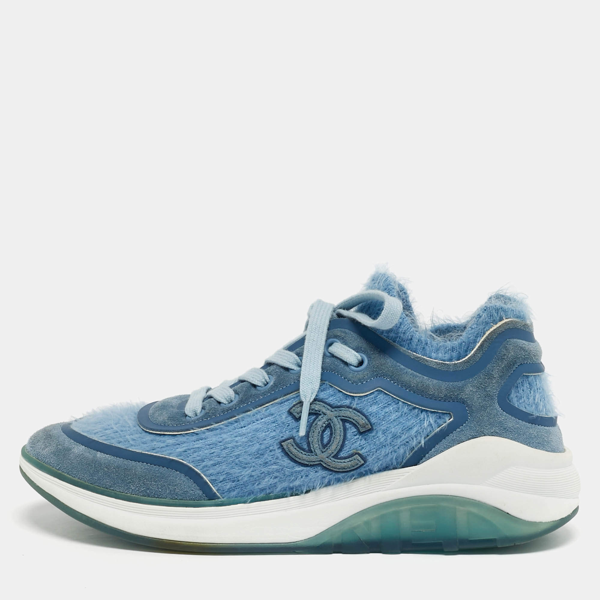 Pre Owned Chanel Blue Knit Fabric and Suede CC Lace Up Sneakers Size 37