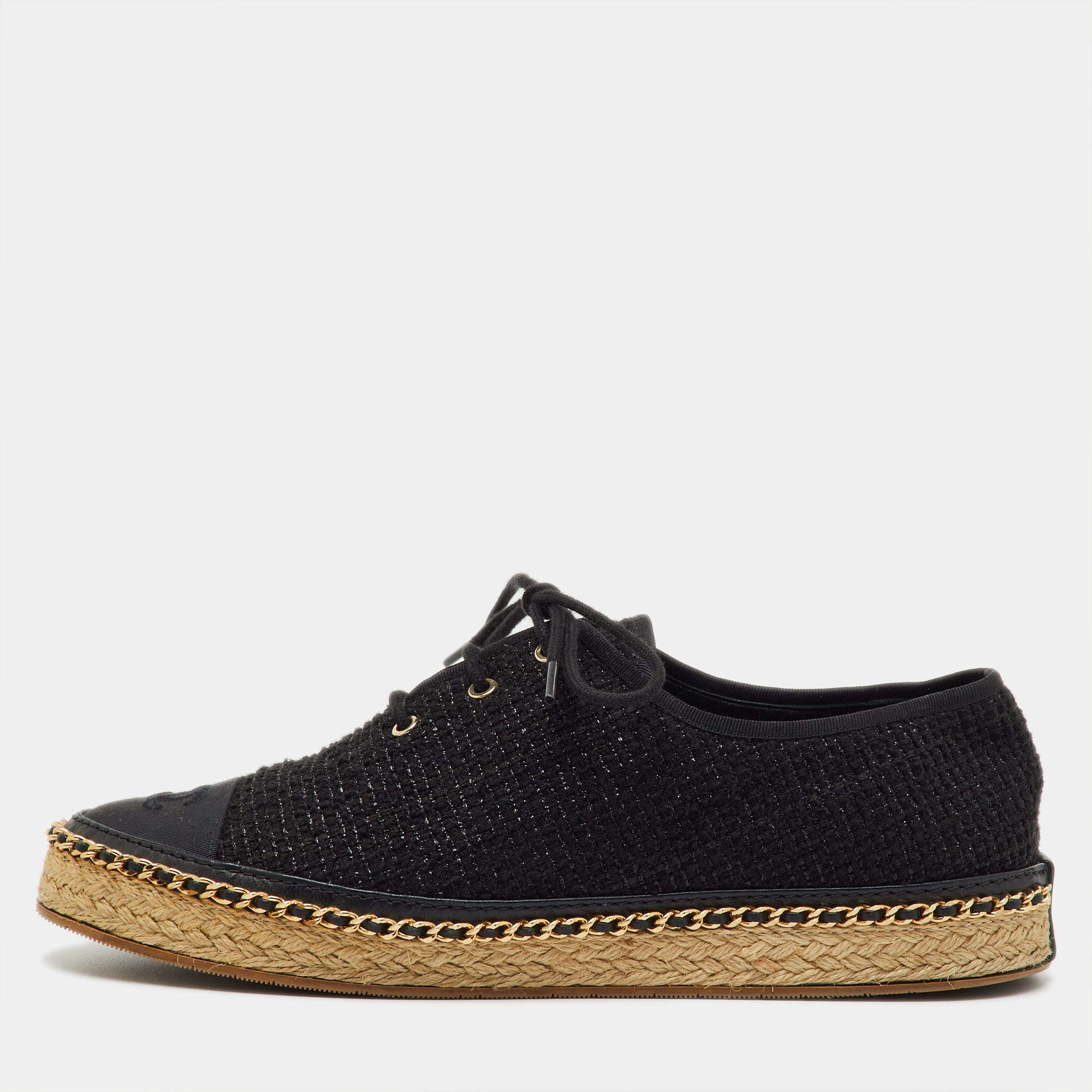 Pre Owned Chanel Black Tweed Interlocking CC Logo Espadrille Lace Up Oxfords Size 39