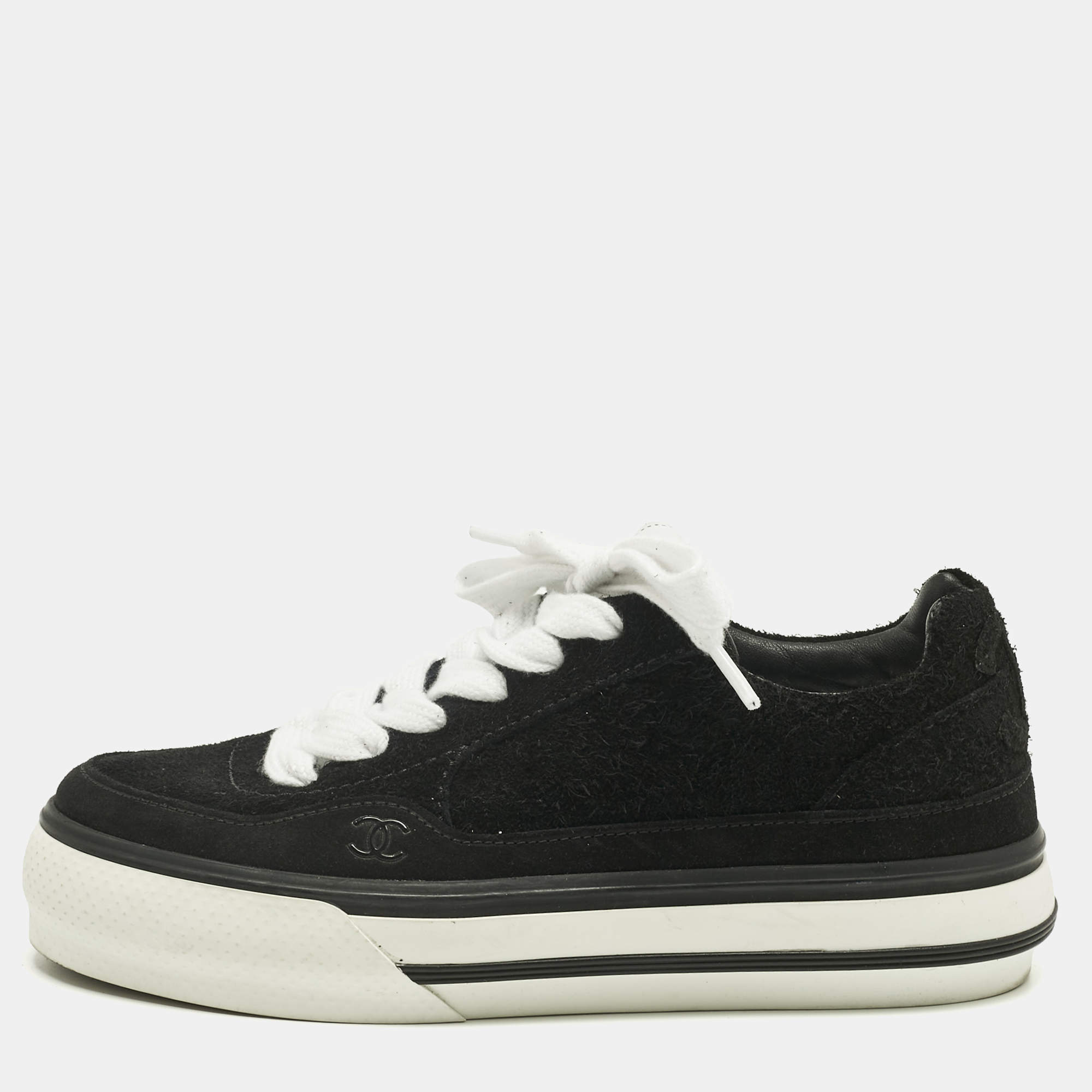 Pre Owned Chanel Black Suede CC Lace Up Sneakers Size 37