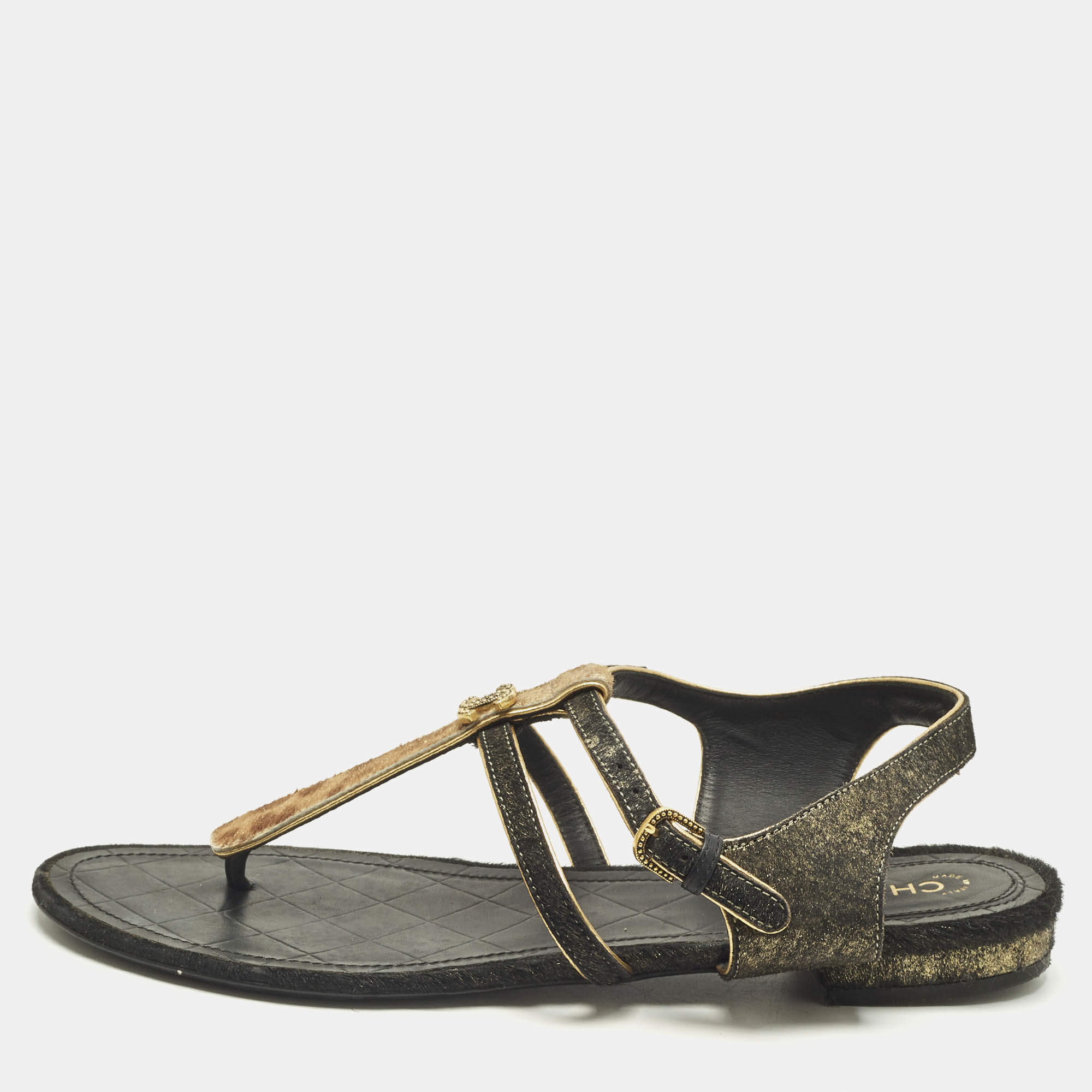 Pre Owned Chanel Two Tone Leopard Print Leather CC Thong Flat Sandals Size 39