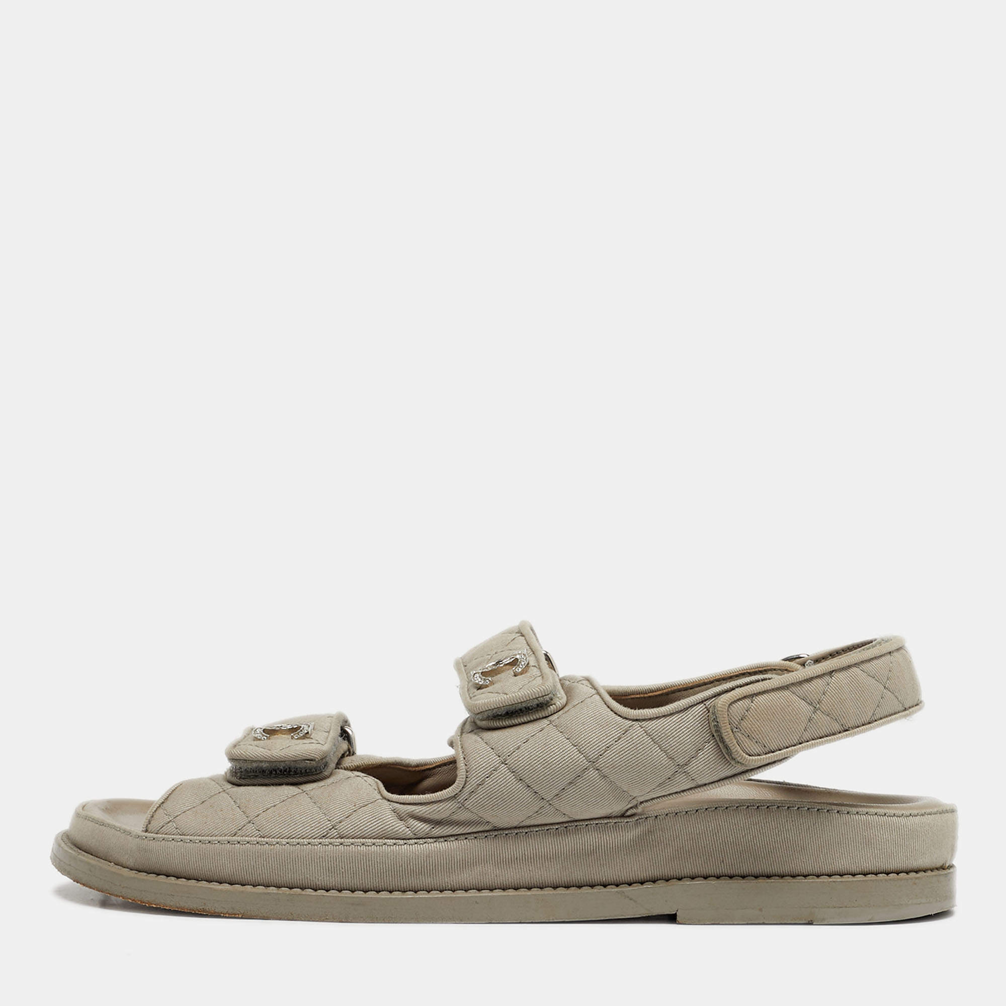 Pre Owned Chanel Grey Fabric Dad Flat Sandals Size 39