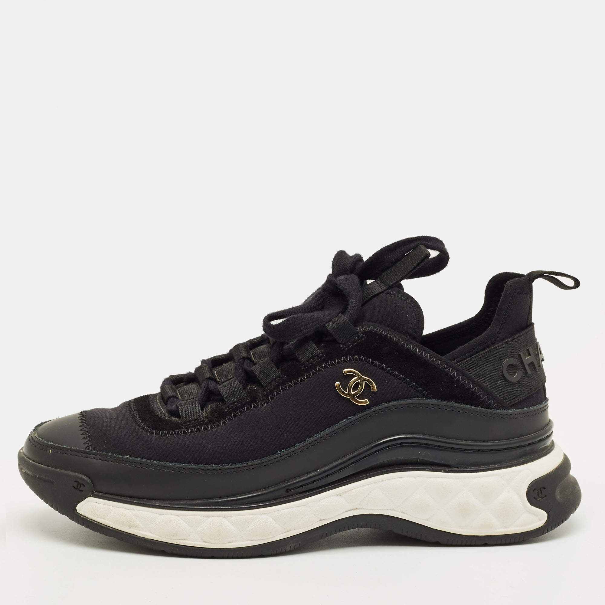 Pre Owned Chanel Black Nylon and Suede CC Low Top Sneakers Size 36.5