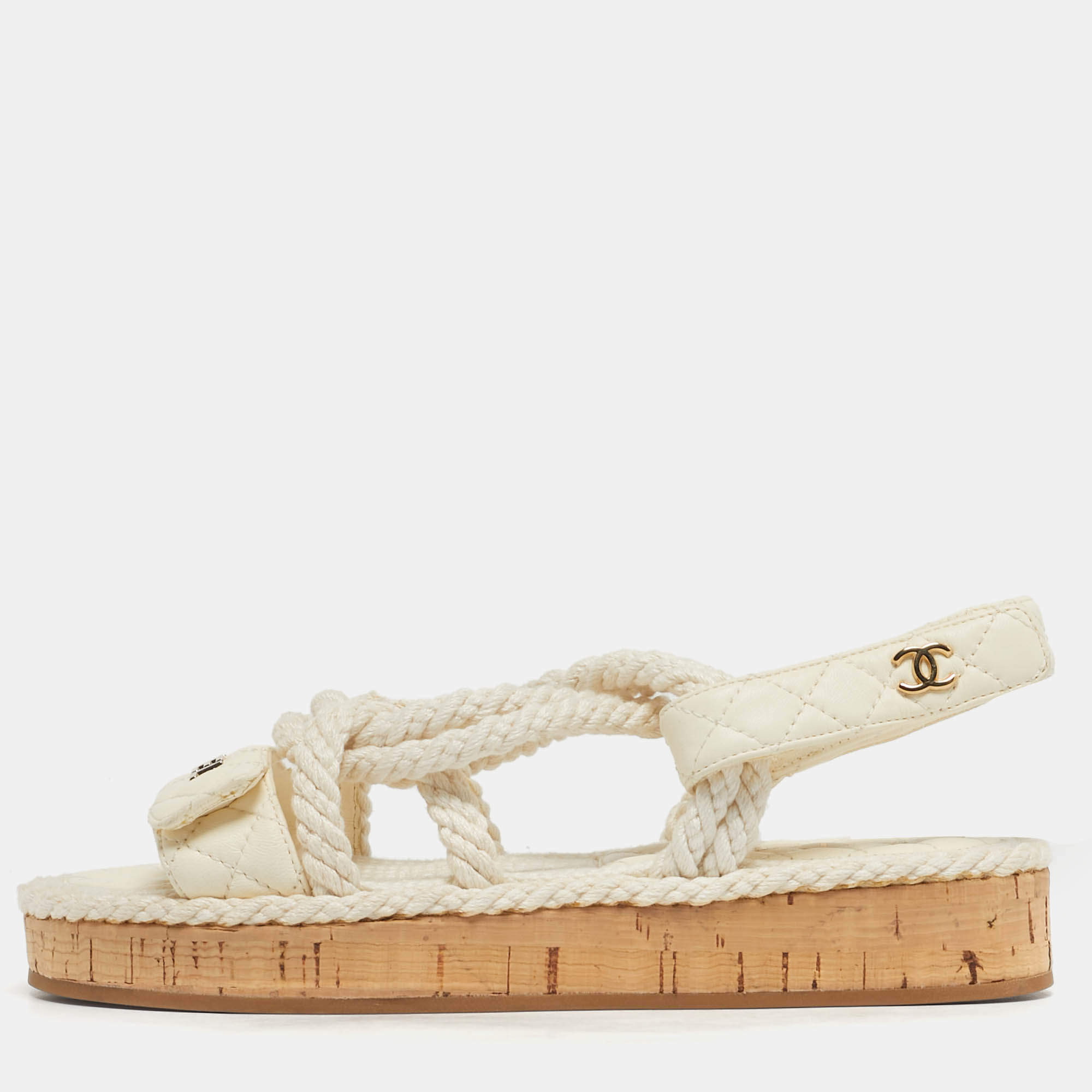 Pre Owned Chanel White Leather and Rope Dad Slingback Sandals Size 36