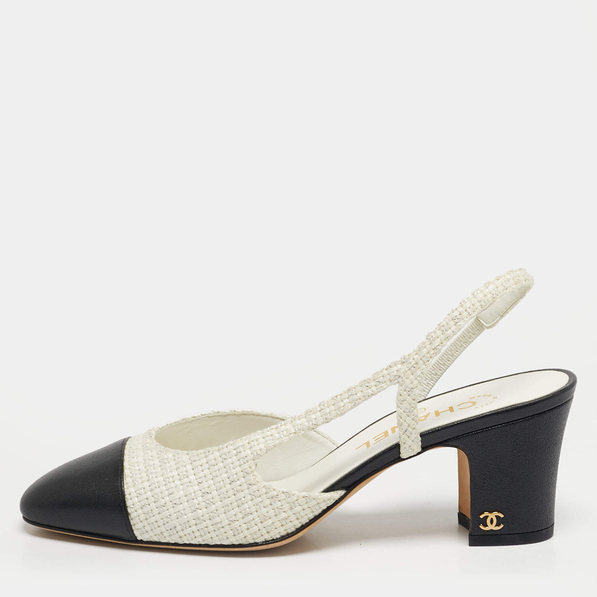 Pre Owned حذاء كعب عالي شانيل قماش منسوج جلد أسود/ أبيض مائل للصفرة مقاس 37.5