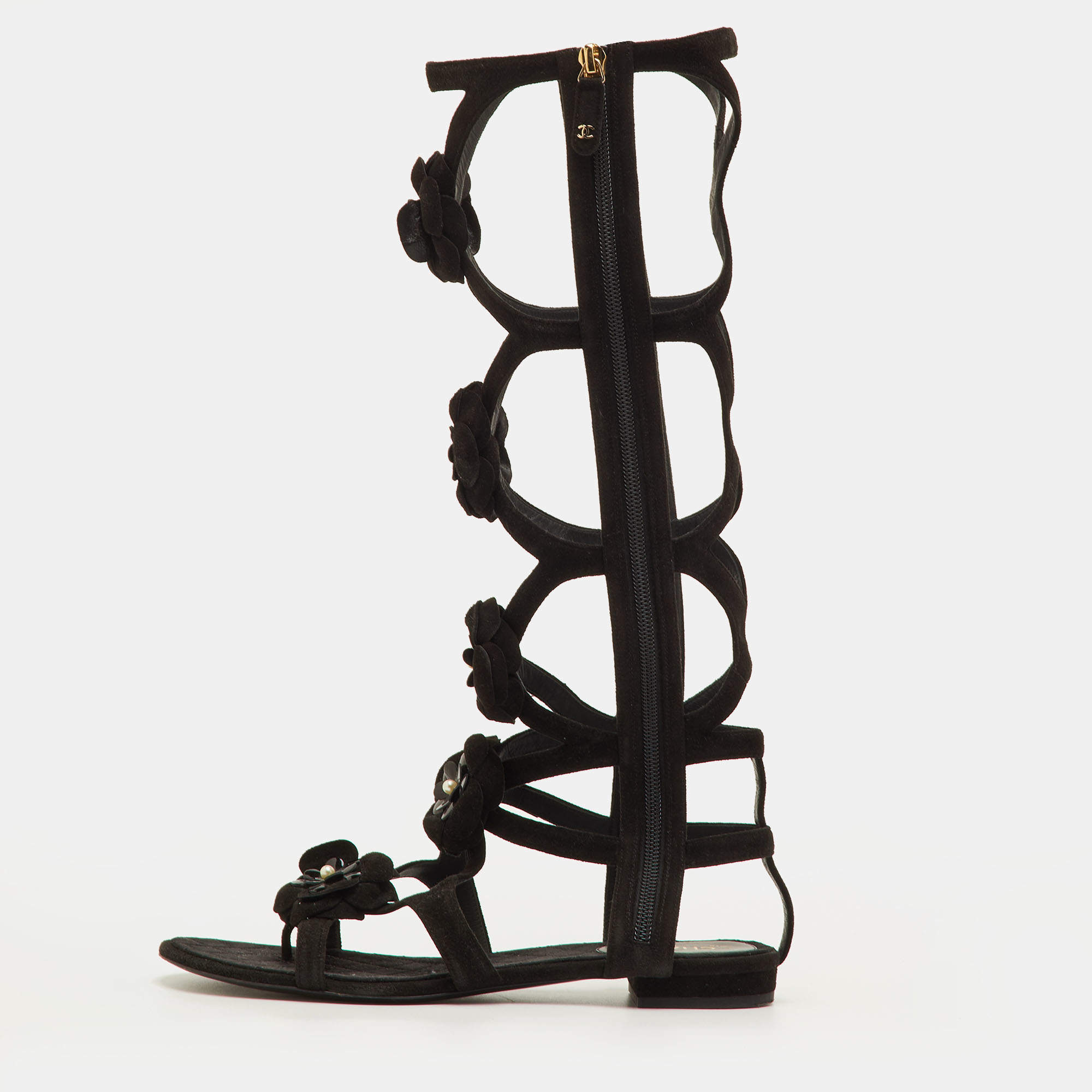 Pre Owned Chanel CC Camellia Size 38.5 Black Suede Gladiator Flat Sandals
