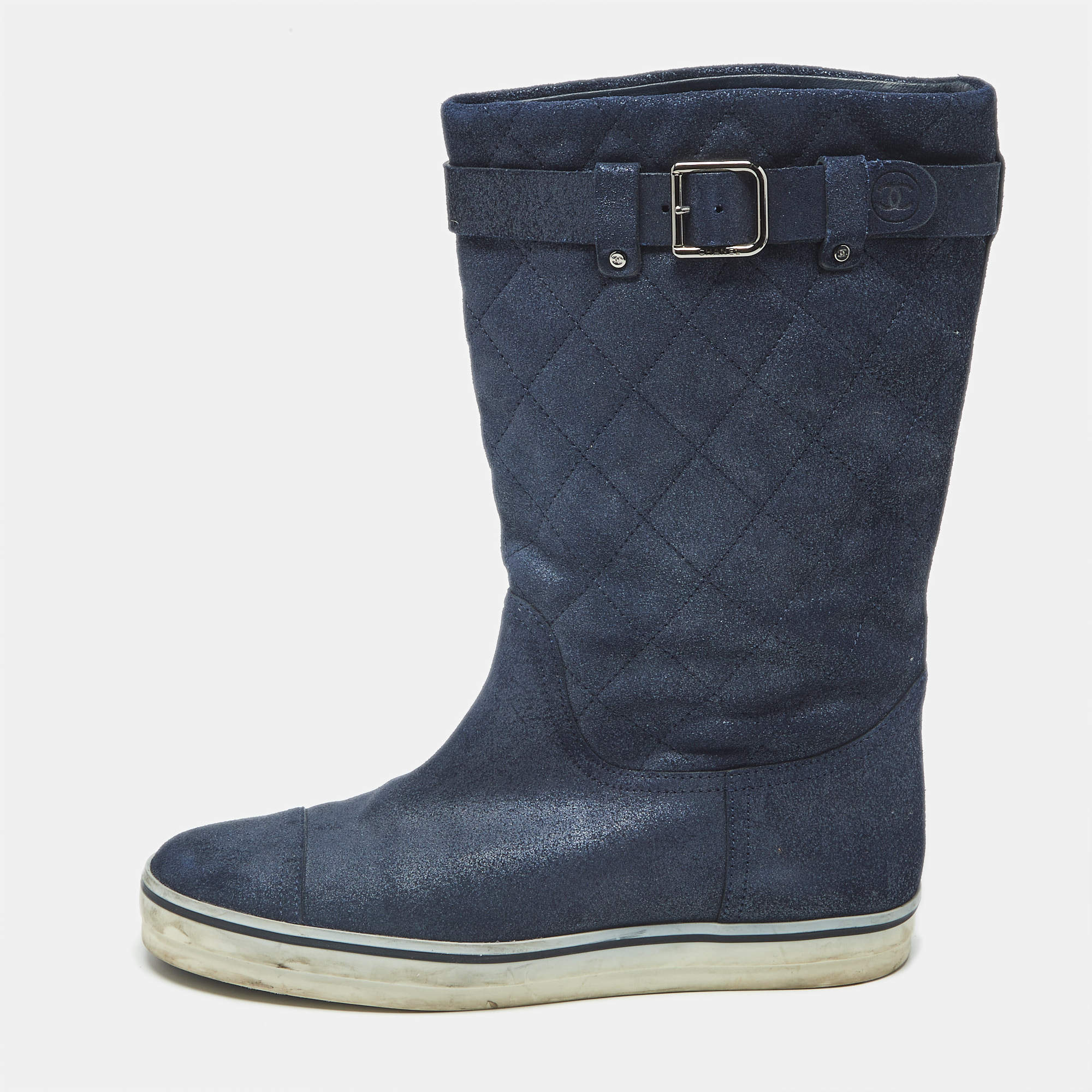 Pre Owned Chanel Shimmer Size 36 Navy Blue Suede Mid Calf Boots