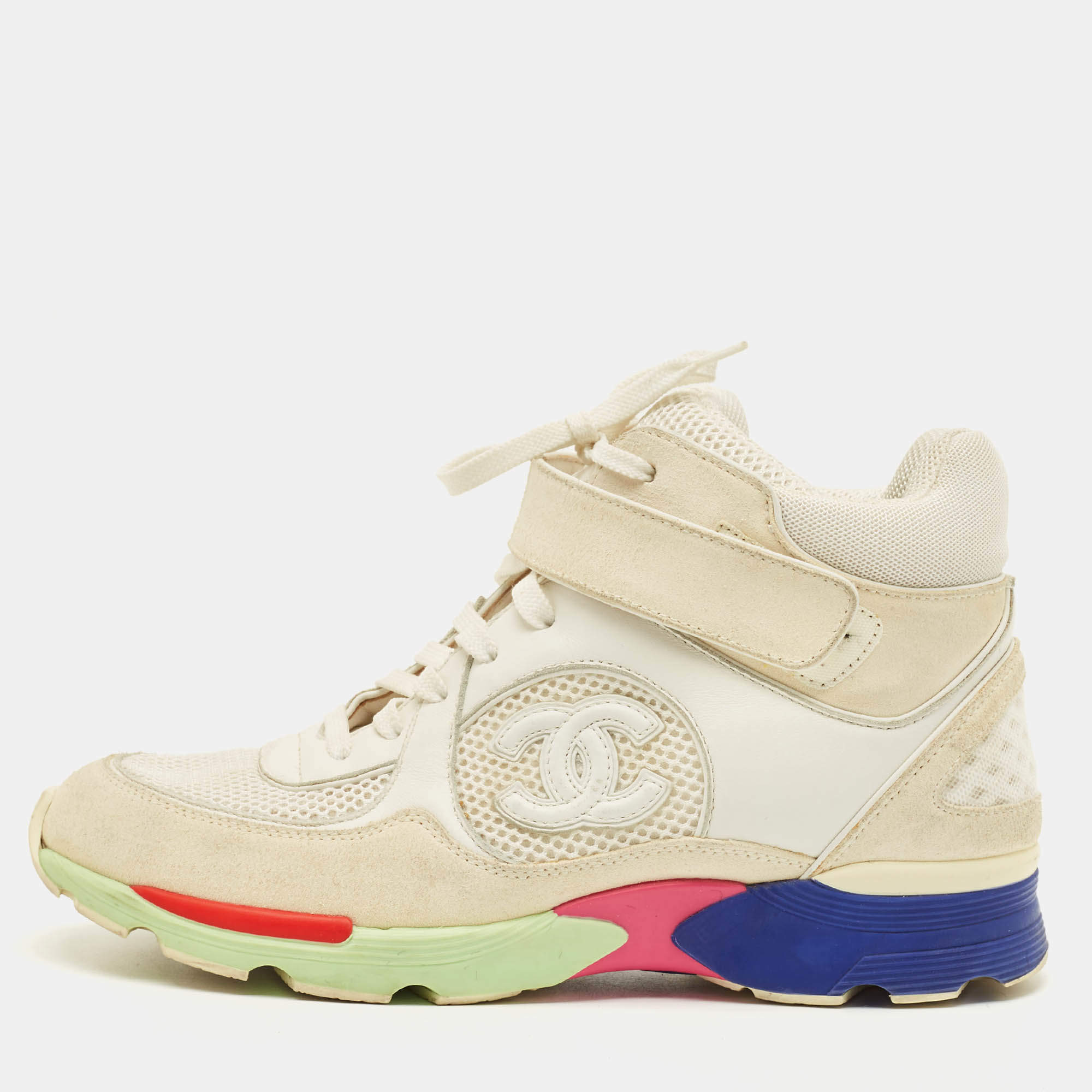 Pre Owned Chanel CC Size 38 Beige/White Mesh and Suede High Top Sneakers