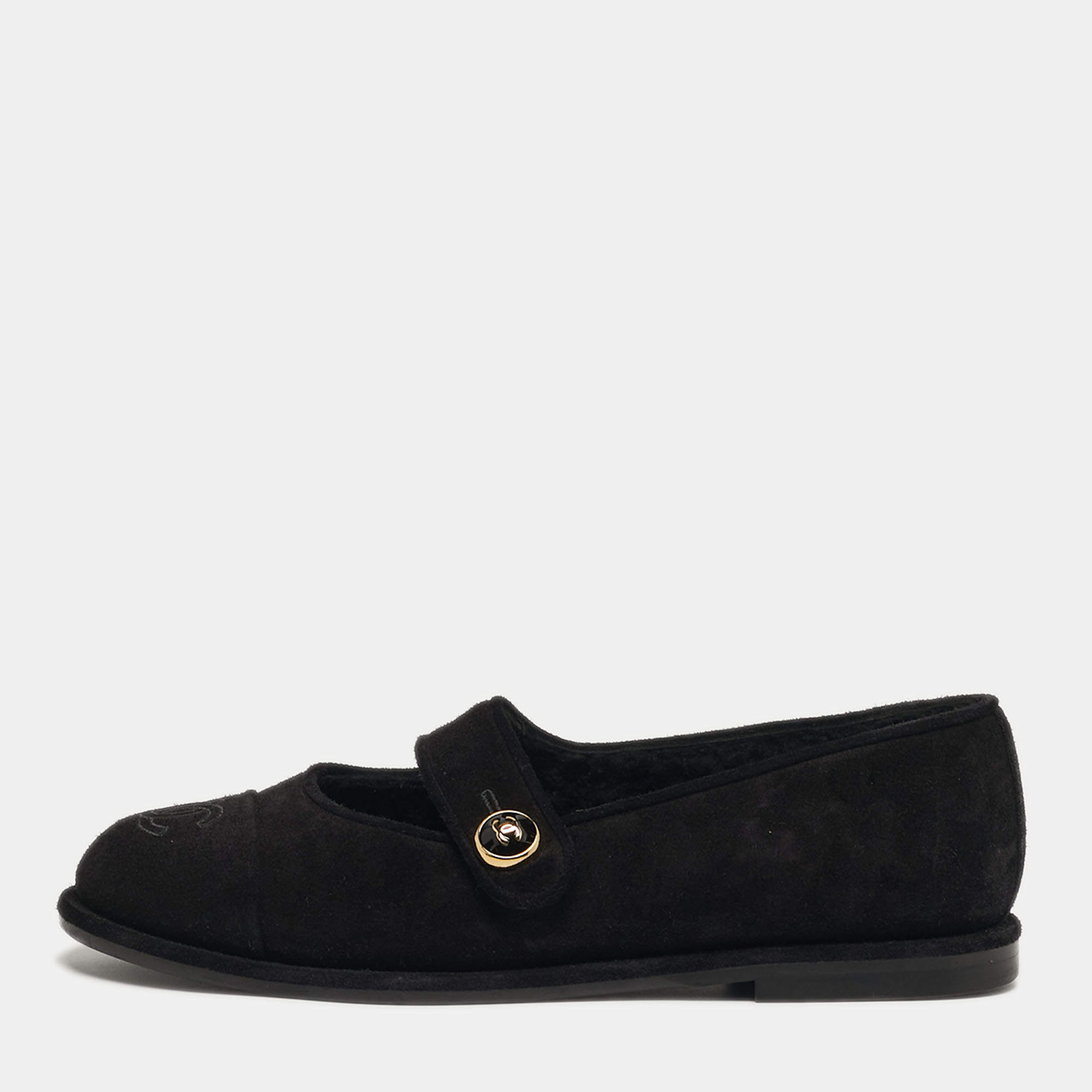 Pre Owned Chanel CC Size 36.5 Black Suede Mary Jane Ballet Flats