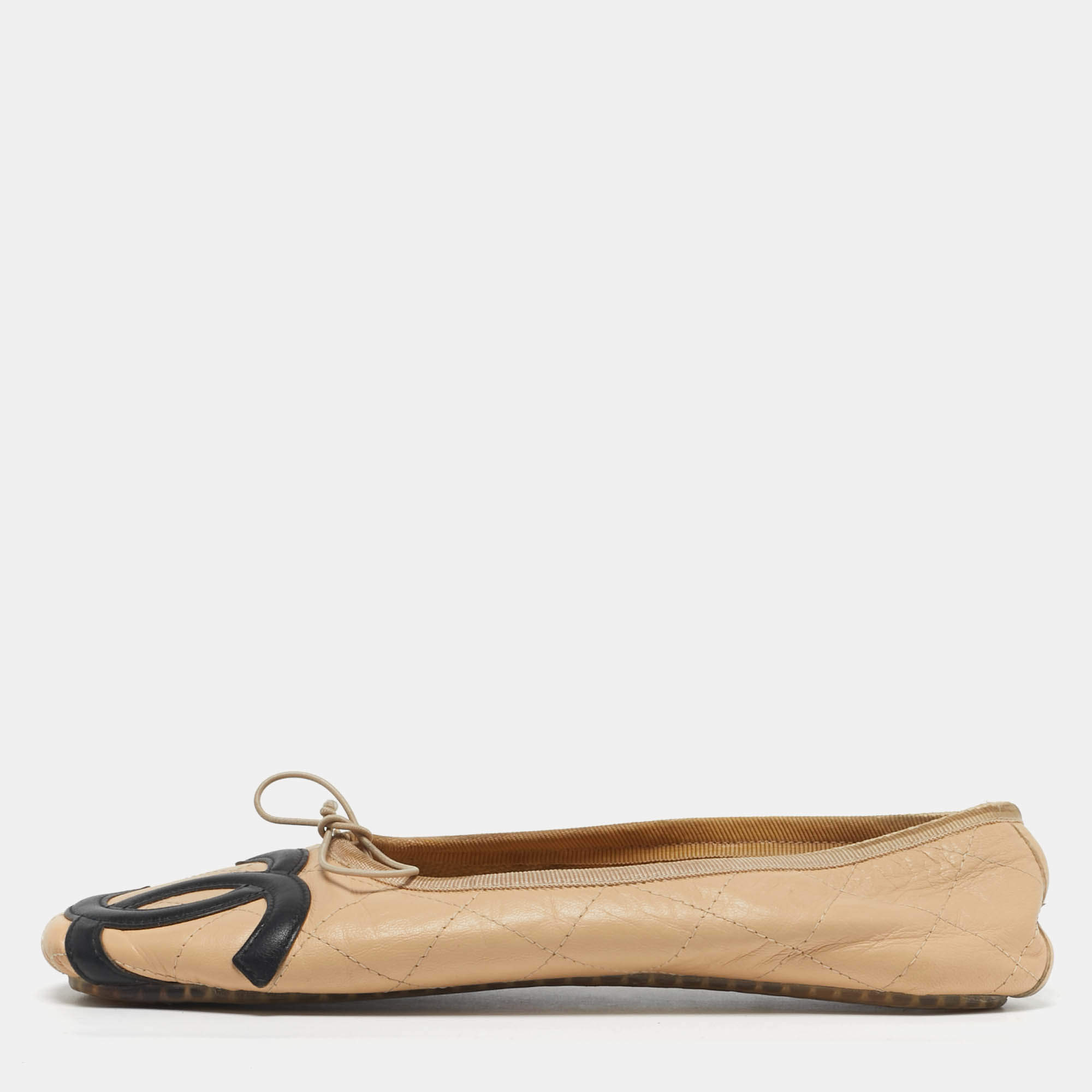 Pre Owned Chanel Cambon Size 38 Beige Quilted Leather Bow Ballet Flats