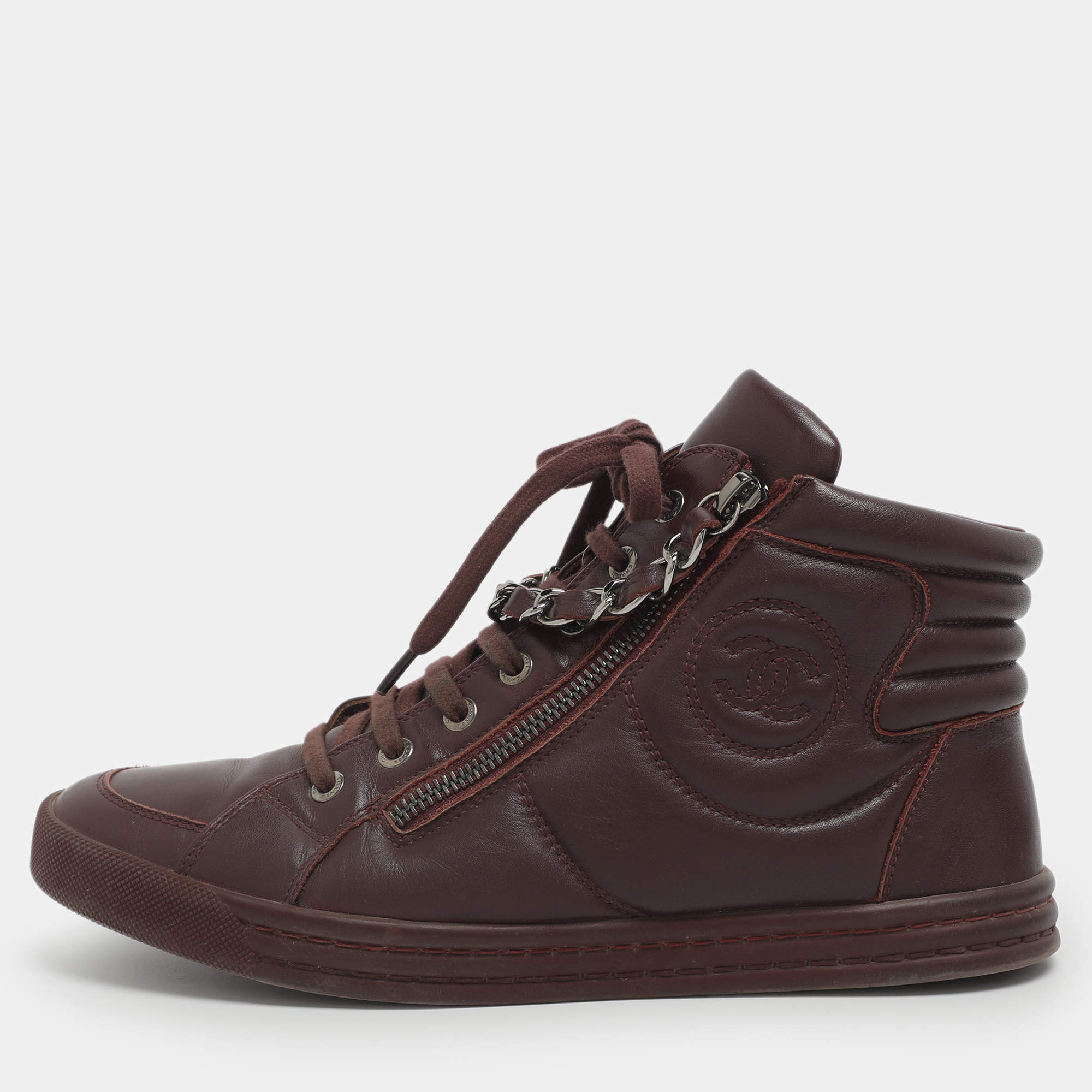 مملوكة مسبقًا Chanel CC Size 39 Burgundy Leather High Top Sneakers