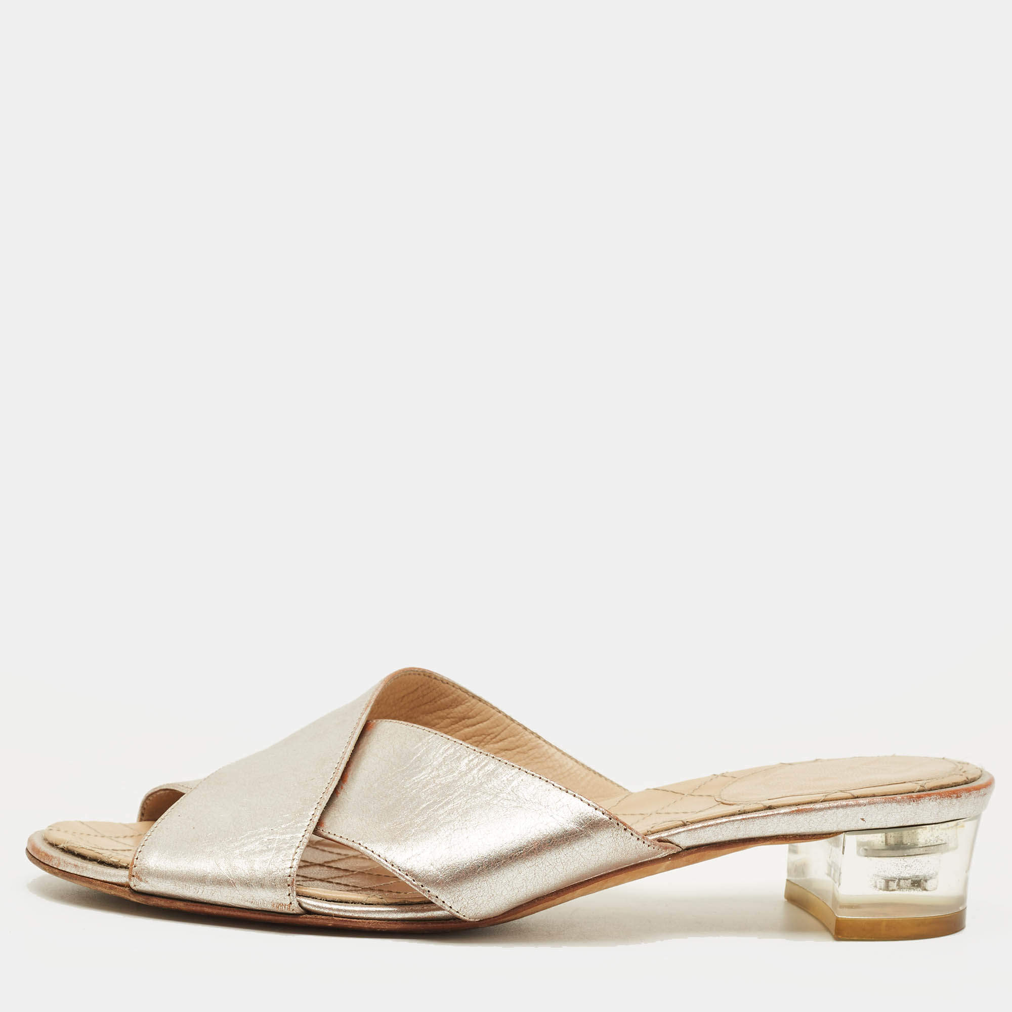 Pre Owned Chanel Size 36.5 Silver Leather Criss Cross Flat Slides