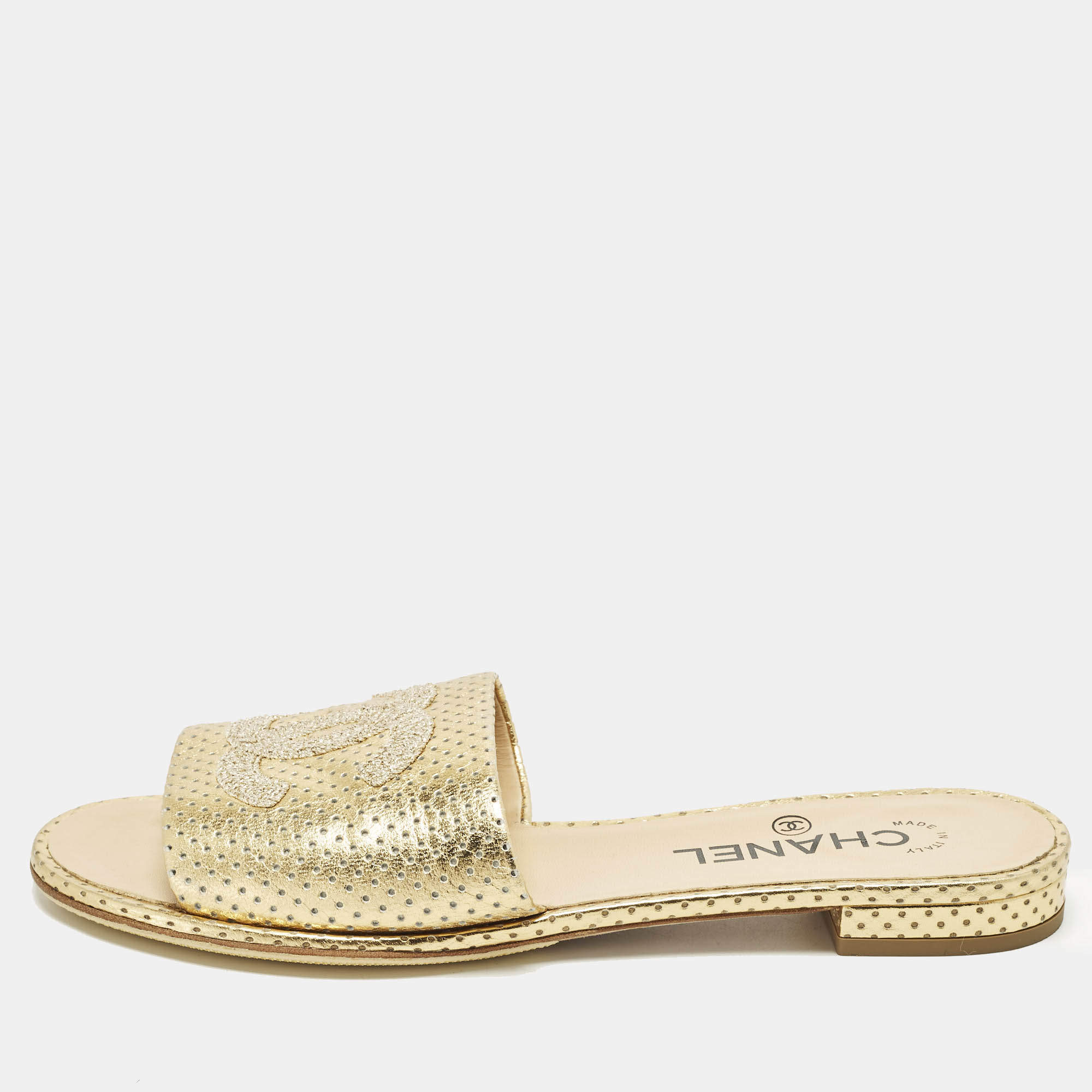 Pre Owned Chanel CC Size 38 Gold Leather Perforated Flat Slide