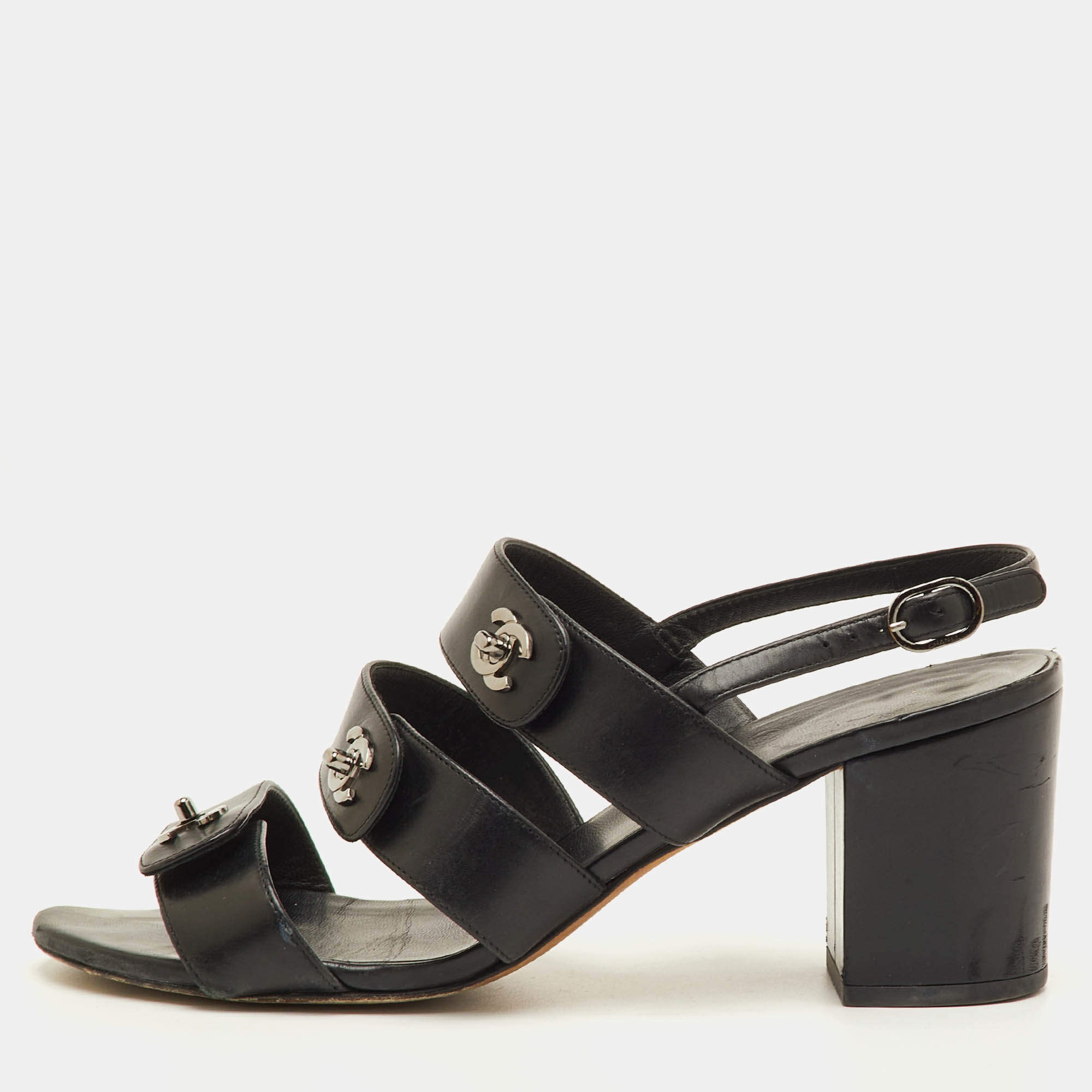 Pre Owned Chanel CC Turnlock Size 39 Black Leather Strappy Slingback Sandals