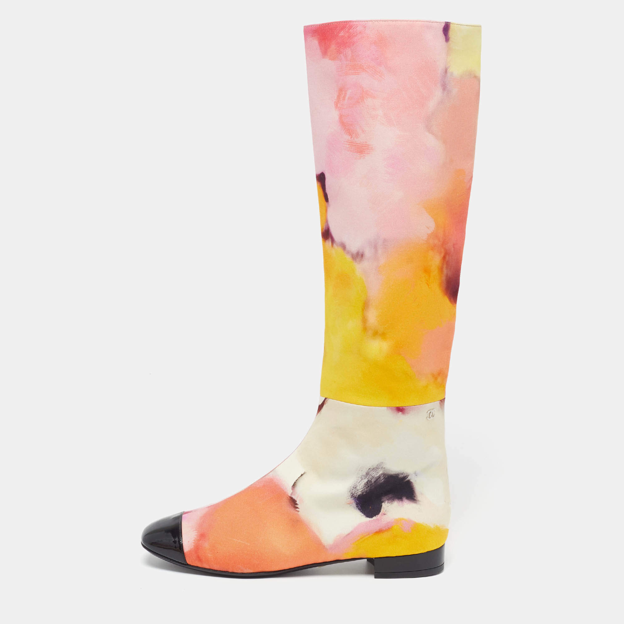 Pre Owned Chanel Size 37.5 Multicolor Patent Leather And Satin Rain Boots