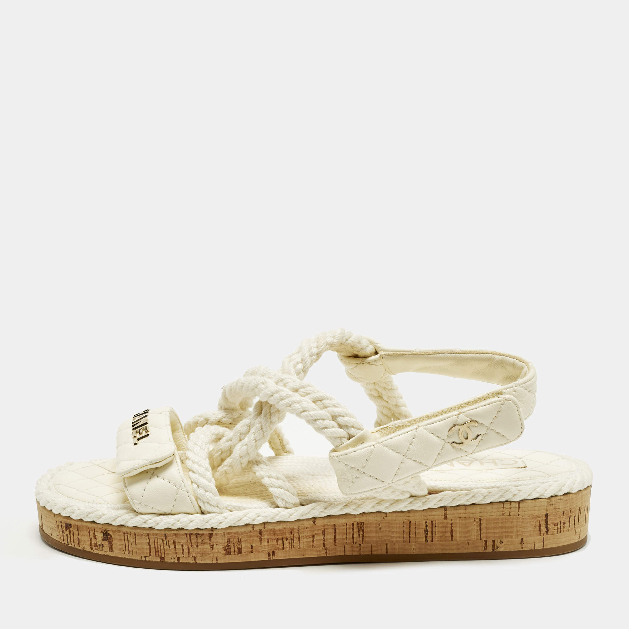 Pre Owned Chanel Dad CC Size 39 Cream Quilted Leather and Rope Slingback Sandals