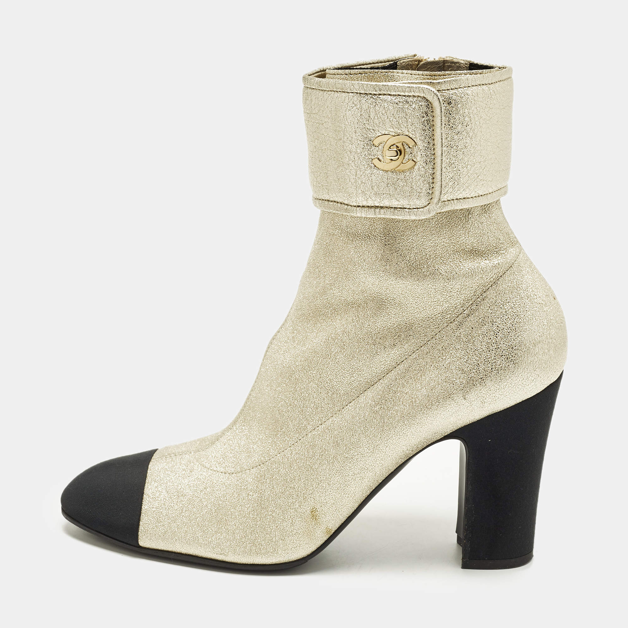Pre Owned Chanel CC Size 41 Gold/Black Canvas and Leather Ankle Length Boots