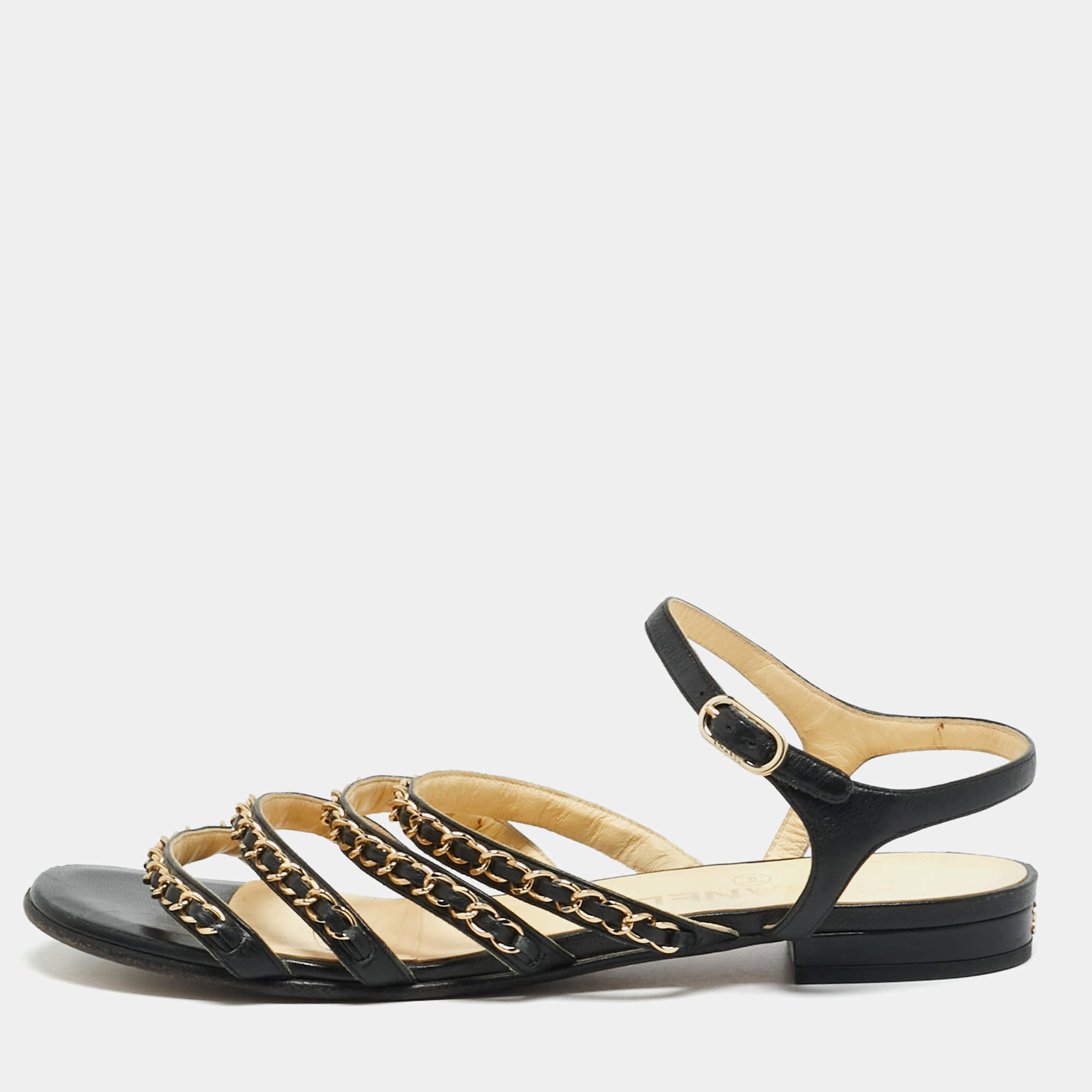 مملوكة مسبقًا Chanel CC chain Link Size 38.5 Black Leather Ankle Strap Flat Sandals