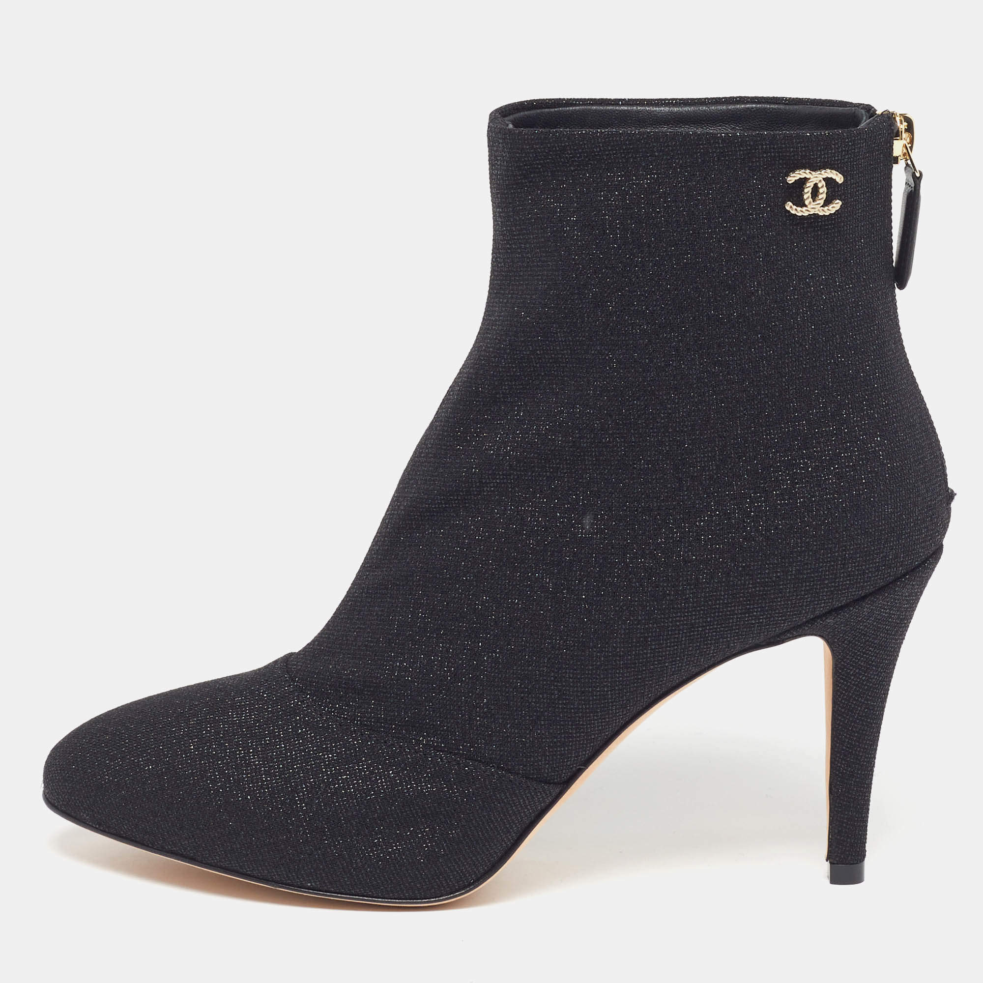 مملوكة مسبقًا Chanel CC Size 38.5 Black Lurex Fabric Ankle Length Boots