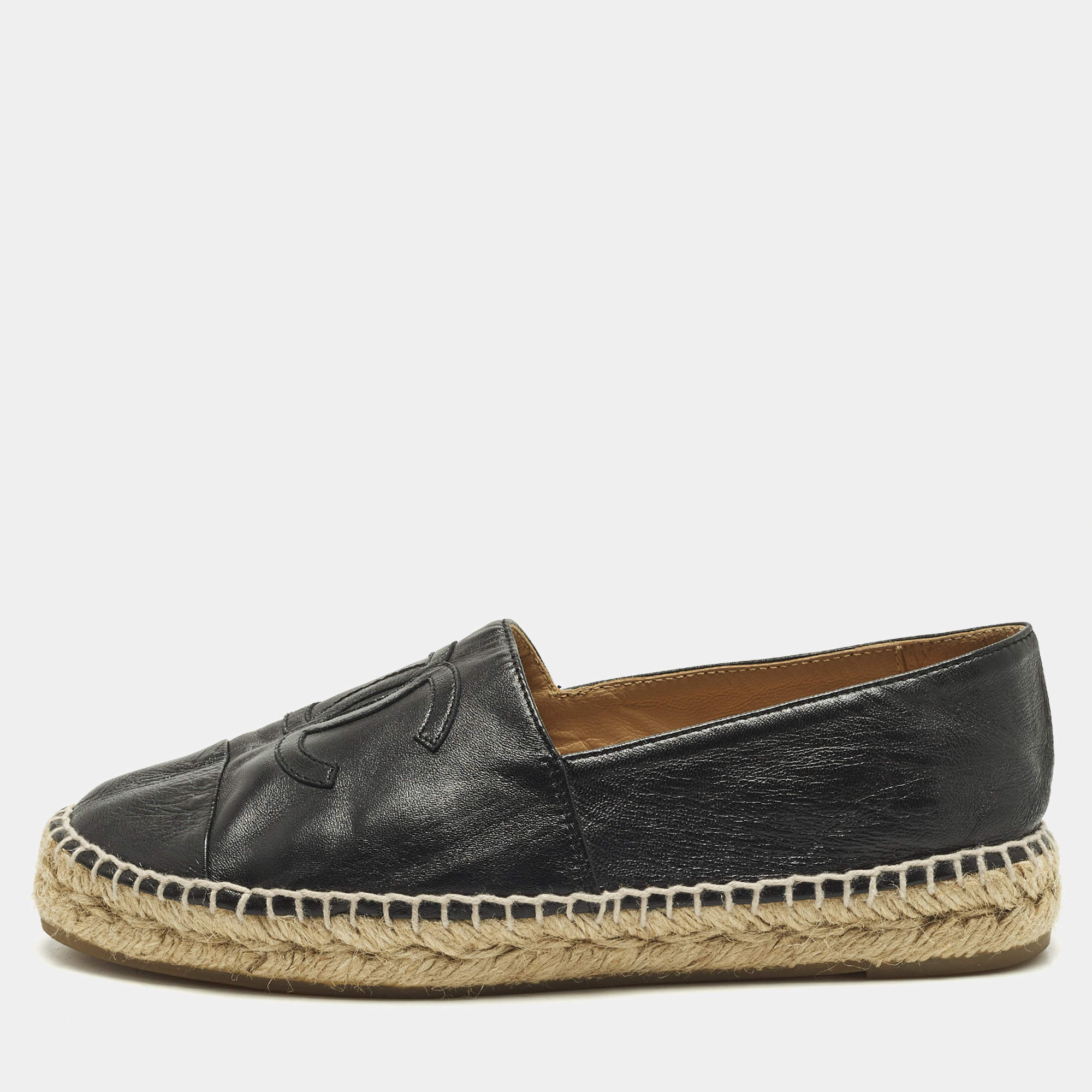 Pre Owned Chanel CC Size 37 Black Leather Cap Toe Espadrille Flats