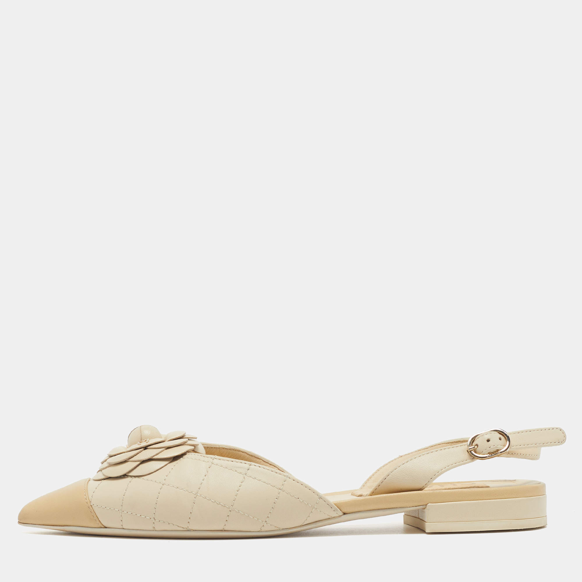 Pre Owned Chanel Camellia Size 37 Beige Quilted Leather Slingback Flats