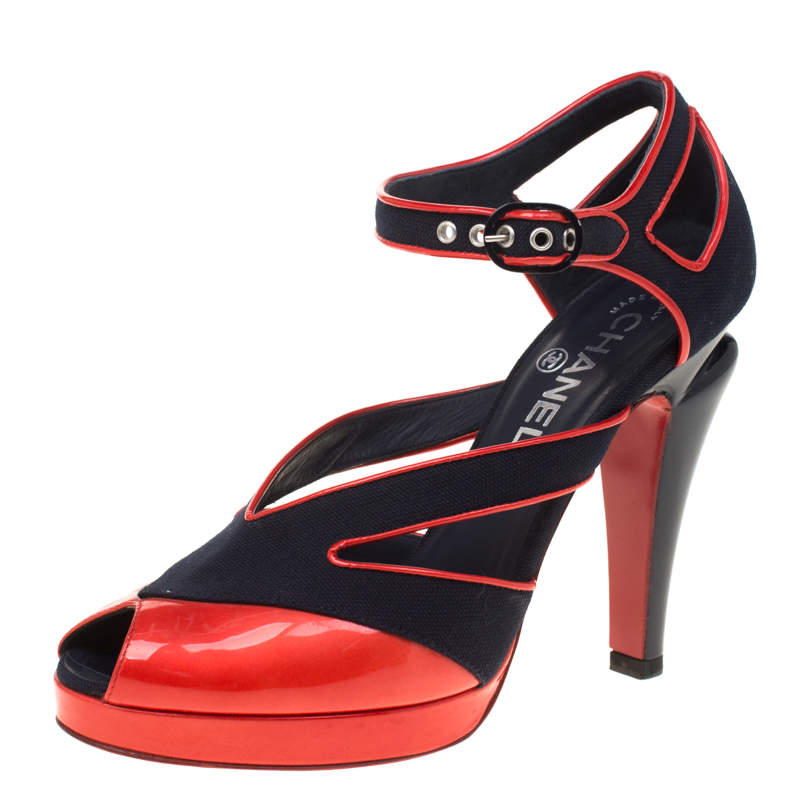Chanel Black Canvas And Red Patent Leather Cut Out Peep Toe Ankle Strap Sandals Size 38.5