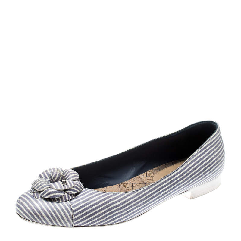 Chanel Lilac and White Striped Camellia Ballet Flats Size 39.5