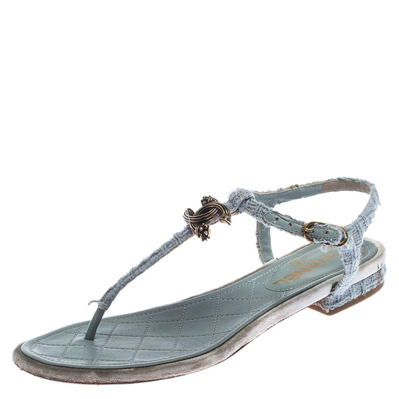 Pre Owned Chanel Light Blue Tweed Fabric CC Thong Sandals Size 37.5