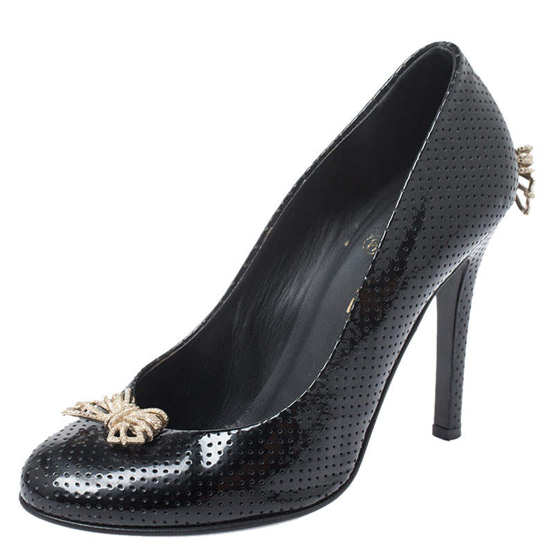 Chanel Black Perforated Patent Leather Bow Pumps Size 38