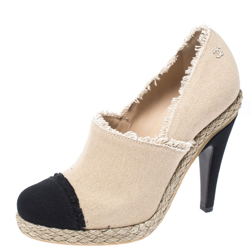 Chanel Beige/Black Canvas Cap Toe Espadrille Booties Size 38.5